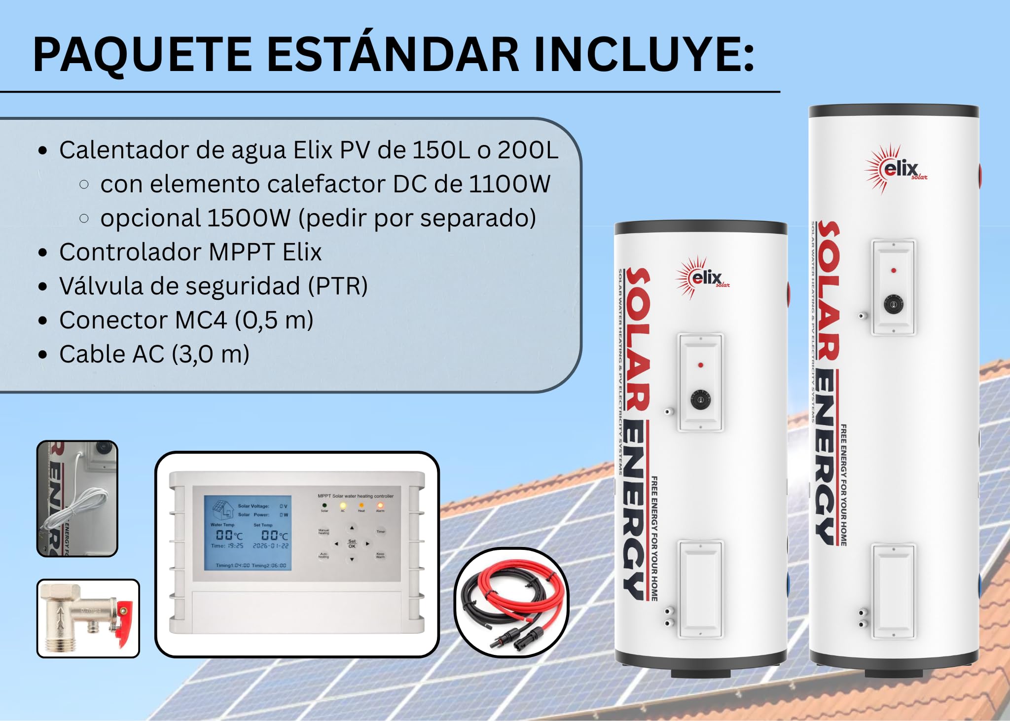Calentador de Agua Solar Elix PV Termo Eléctrico con MPPT, 200L, DC1500W