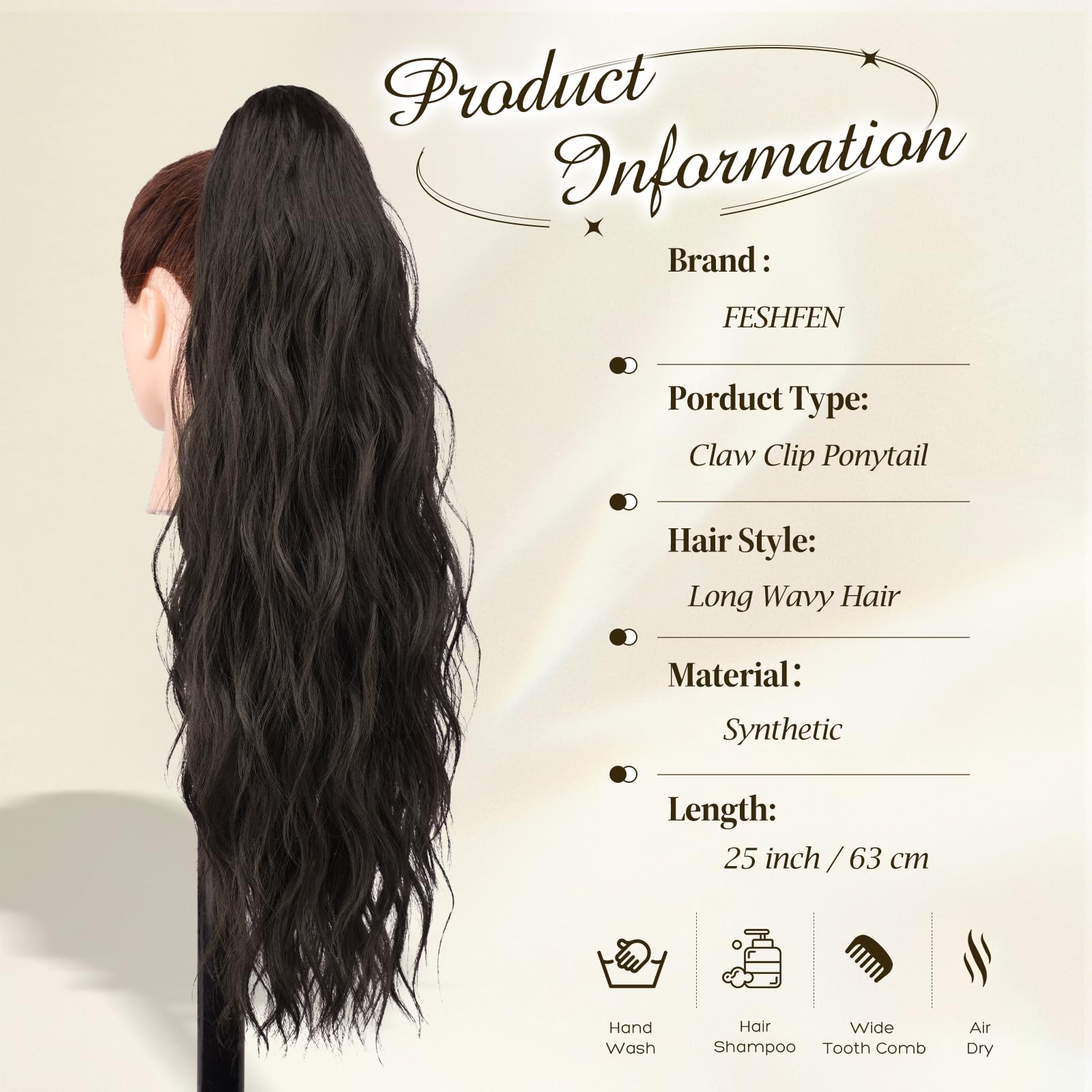 FESHFEN Cola Postiza Pelo Natural - Ondulada Larga Coleta Postiza con Pinza Ponytail Clip de Extensiones de Cabello Sintética Postizos para Mujeres, 63 cm Castaño Oscuro