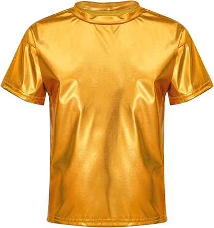 Boys Girls Shiny Metallic Dance Shirt Jazz Hip-hop Street Dance Tops Short Sleeve Performance Shirts