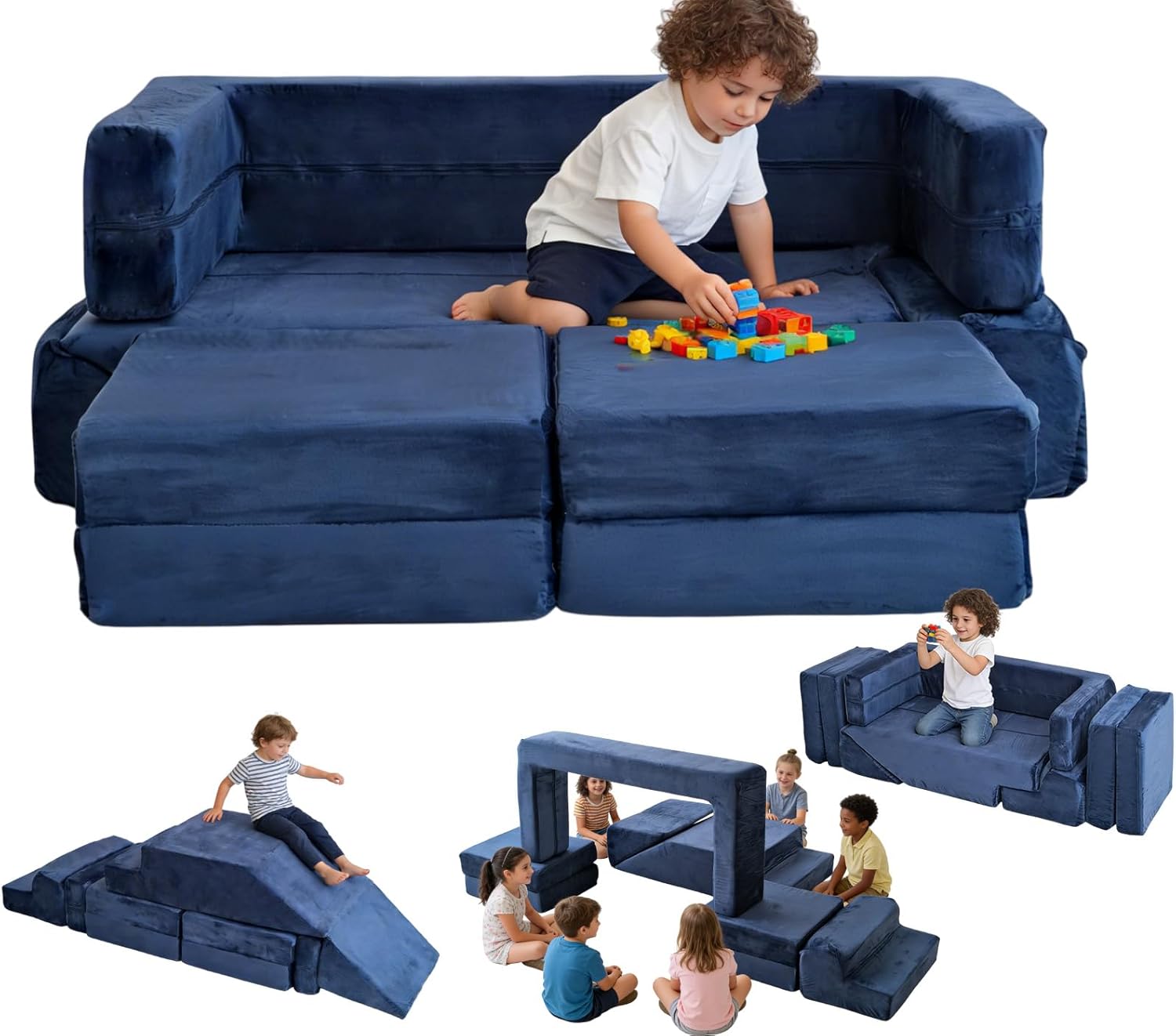 Original Modular Kids Play Couch – 7-Piece Premium Soft Foam with Slide for Open Ended Imaginative Play, Washable & Removable Cover Playroom, CertiPUR-US & for Toddlers Ages 1-6(Sapphire blue) | Open Ended Play, Fort Building, Convertible Sofa, Easy to Clean, Ideal for Playroom, Slide