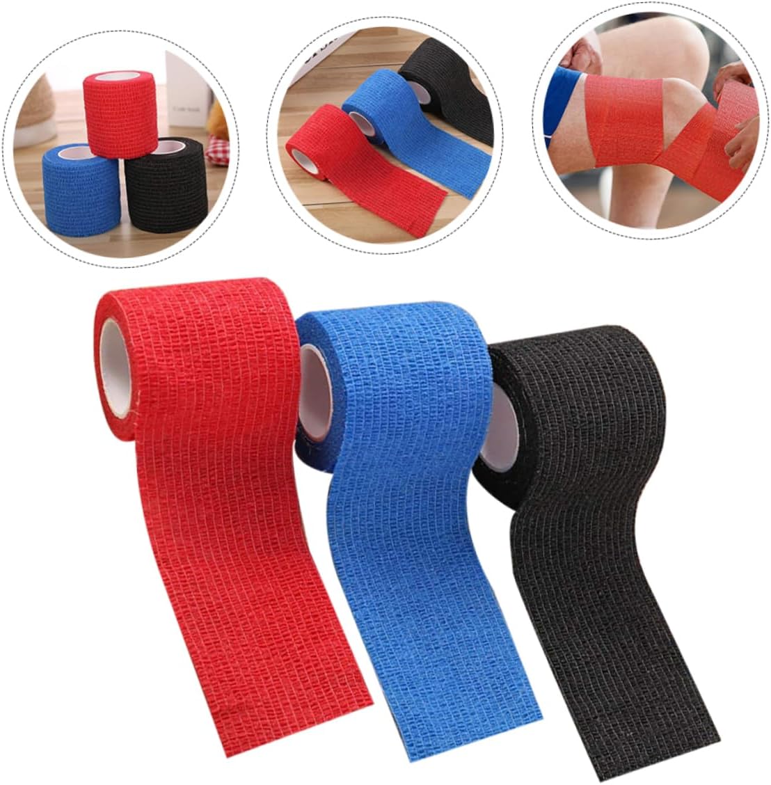 FRCOLOR 3pcs Elastic Self-Adhesive Bandages for First Aid Flexible Compression Wraps for Ankle Wrist Knee and Elbow Breathable Comfortable Black Blue Red