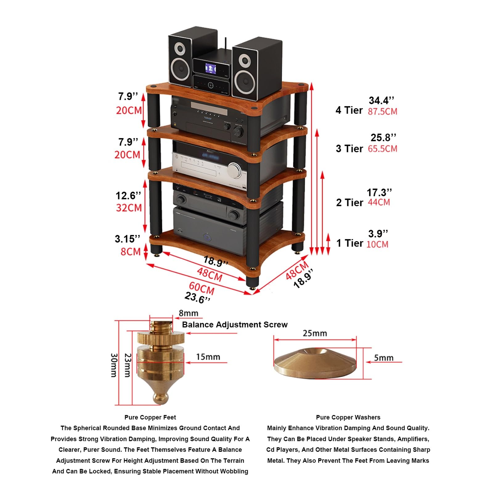 Meuble Hi-FI à 3 Niveaux avec Pieds amortisseurs, Rack Audio-vidéo en Bois pour Platine CD et Vinyle, élégant Meuble de Salon, Finition Noire, Support Robuste pour équipement Audio.