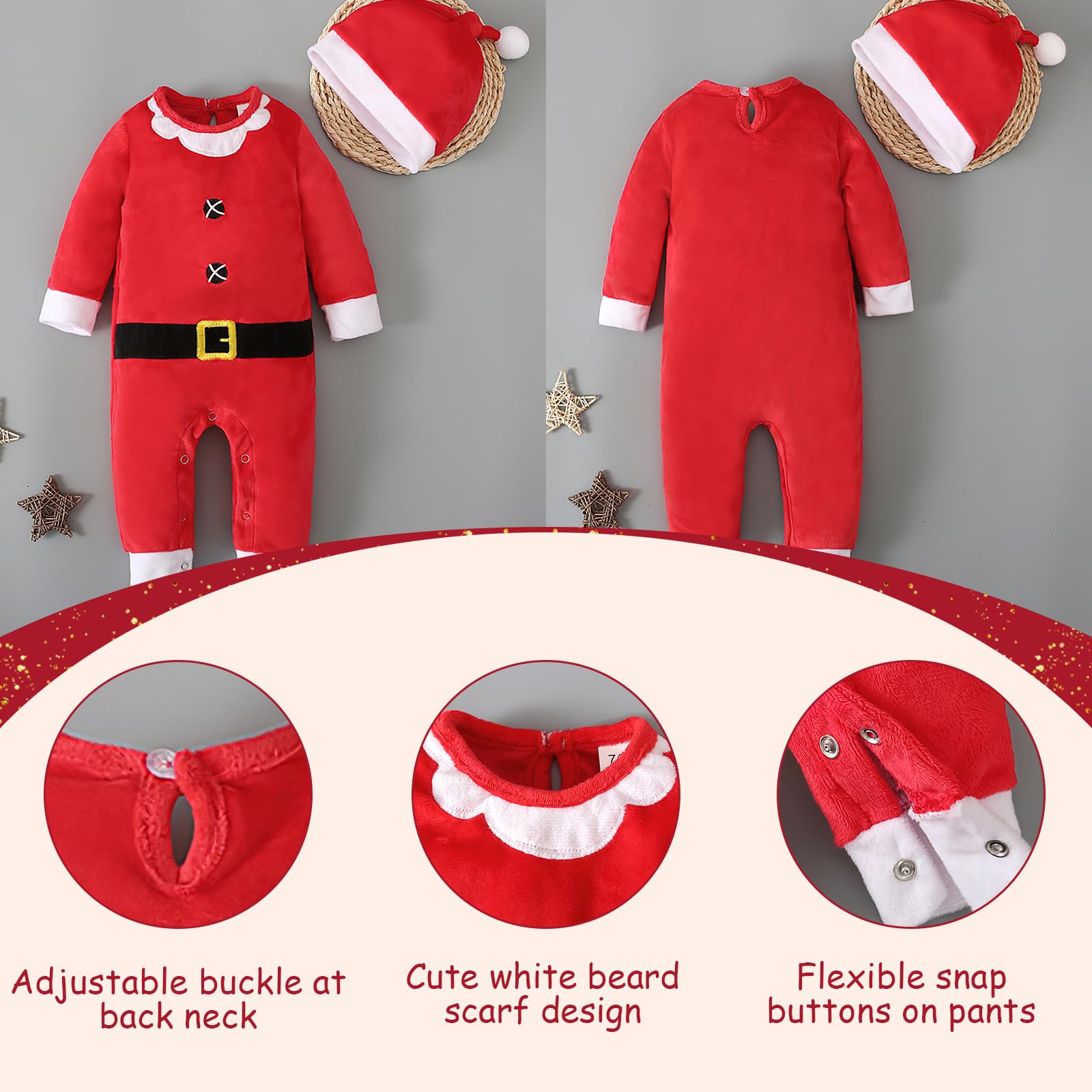 Baby Christmas Outfit-Babys Girls Boys Santa Outfits,Baby First Christmas Costume,Infant Santa Costume Long Sleeve Xmas Outfit,Newborn Xmas Outfits Infant Onesies+Babys Santas Hat (6-12 months) - Image 4
