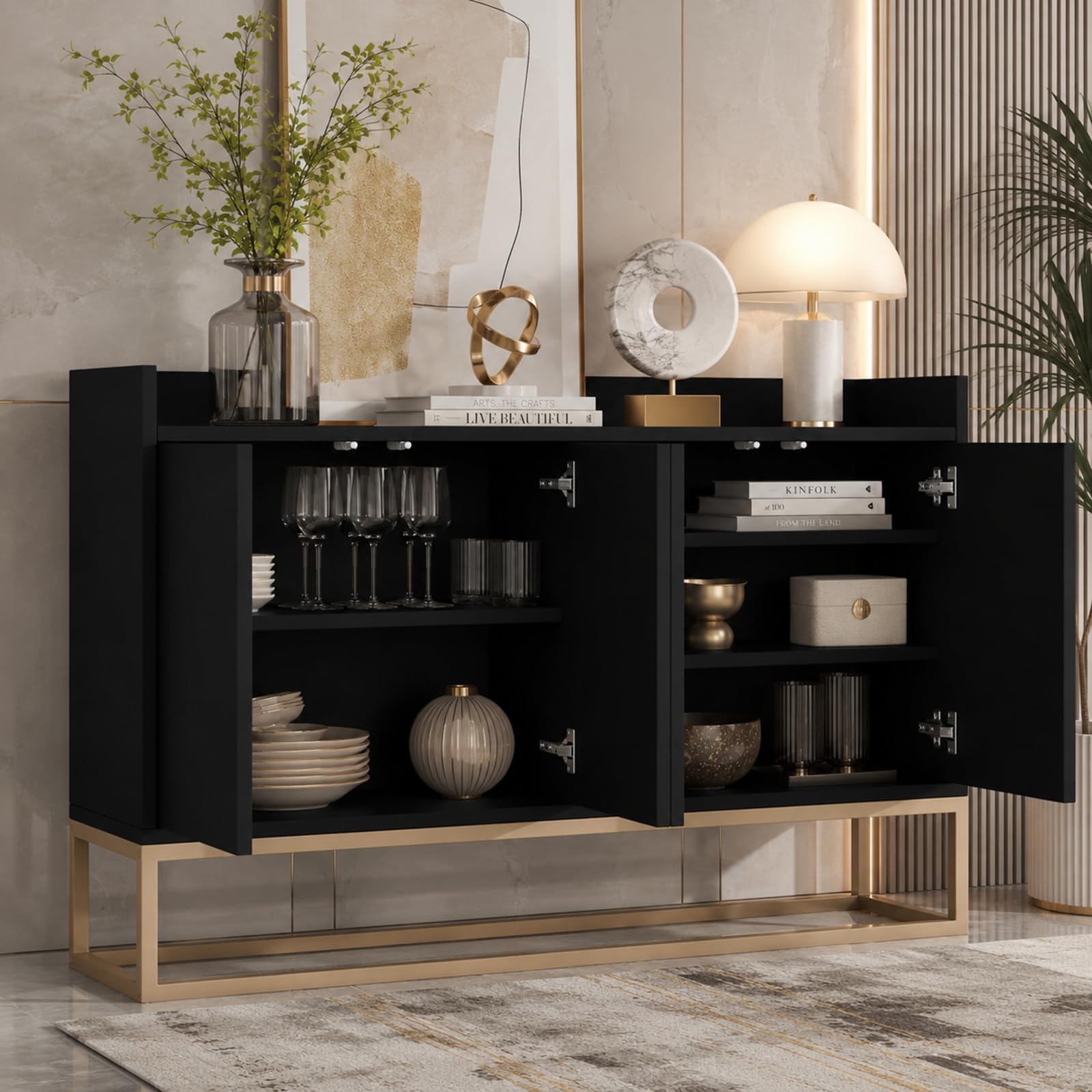 Credenza 120 cm, madie moderne soggiorno con 4 ante, buffet mobile cucina con ripiano regolabile e gambe in metallo, per cucina, soggiorno, sala da pranzo, ingresso (nero, 120 x 30 x 80 cm)