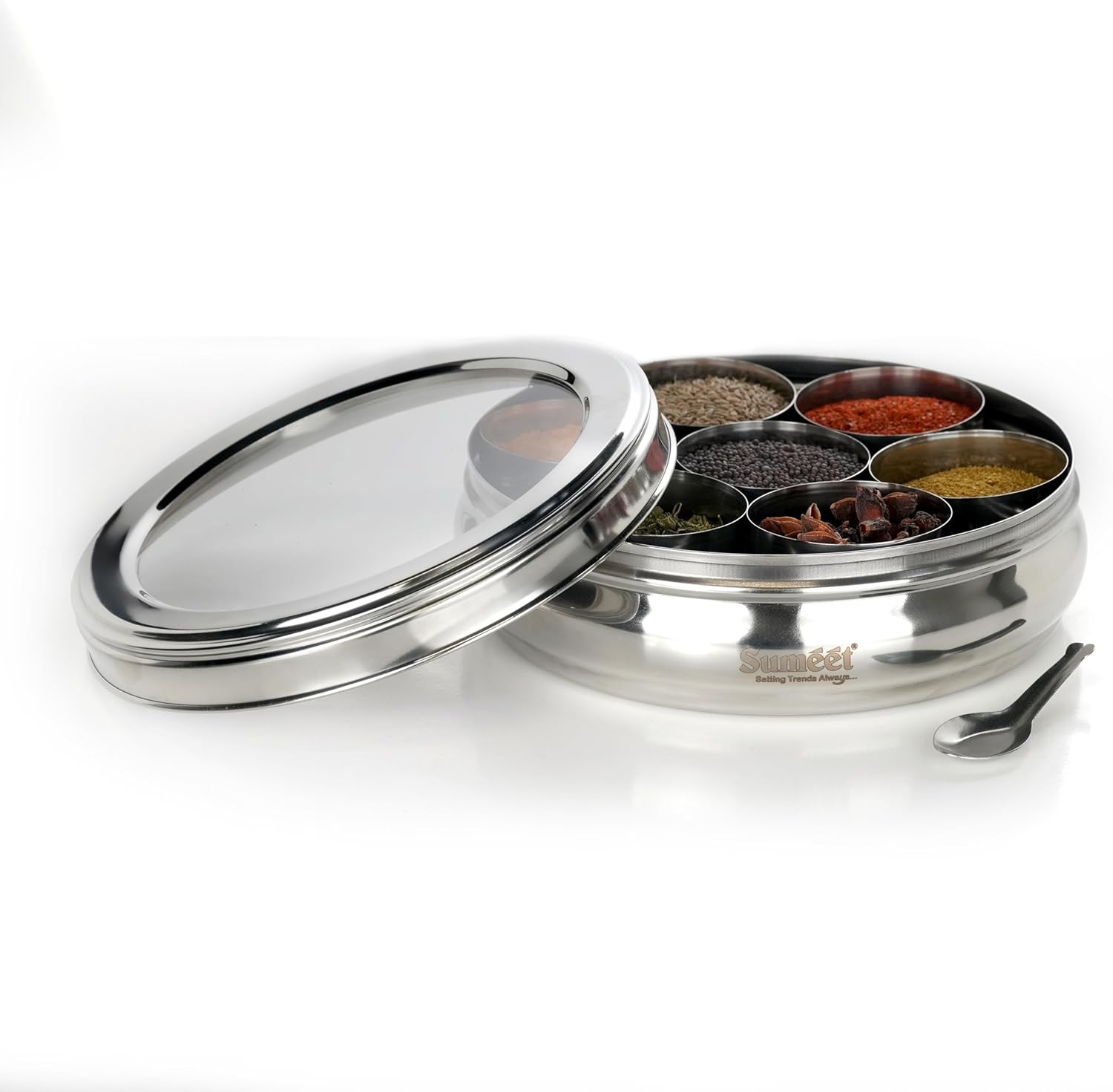 Sumeet Stainless Steel Belly Shape Masala (Spice) Box/Dabba/Organiser with See Through Lid with 7 Containers and Small Spoon (Big)