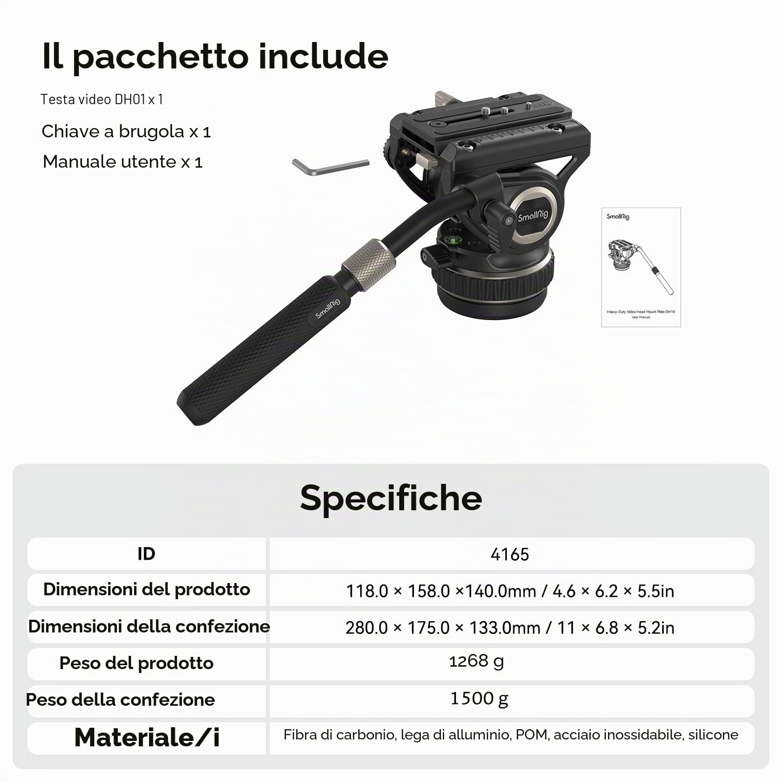 SMALLRIG Testa Video Fluida per Treppiede, Damping Regolabile, Piastra a Sgancio Rapido per Manfrotto e per DJI RS 2 /RS 3 /RS 3 Pro, Carico Massimo Fino a 10 kg/22 Libbre, per Riprese Video - 4165