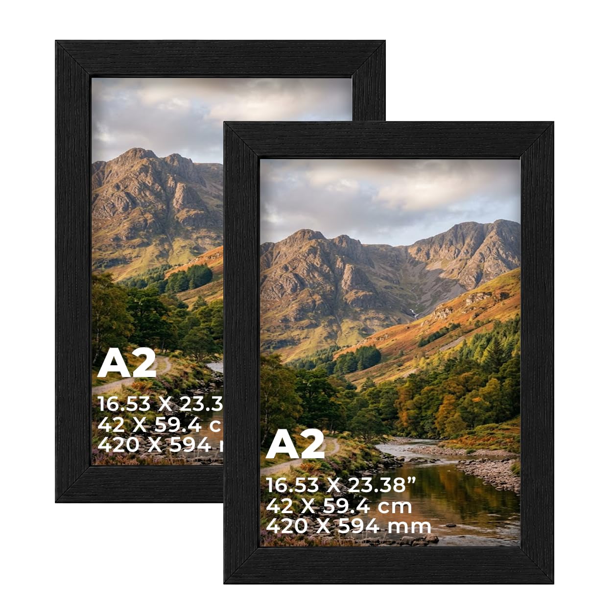 DECORO Black A2 (42 X 59.40 CM) Pack of 2 Picture Frame with Plexiglass Front & Engineered Wood Construction, Wall Hanging Display for Photos, Posters, Prints & Artwork, Portrait or Landscape