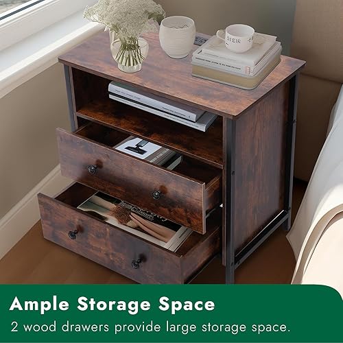 Miniatura 7 de Mesita de noche de 27 pulgadas de ancho, mesita de noche grande de madera con 2 cajones, mesita de noche LED con estación de carga y cajón
