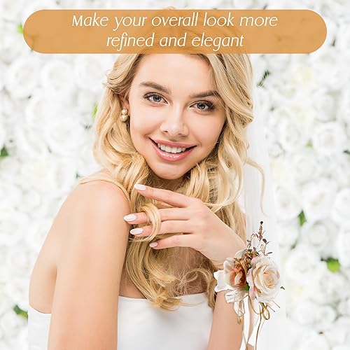 Miniatura 4 de Crowye Juego de 12 pulseras de ramillete y boutonniere de champán con flores artificiales, ramillete de perlas de rosa, boda, boutonniere, baile de
