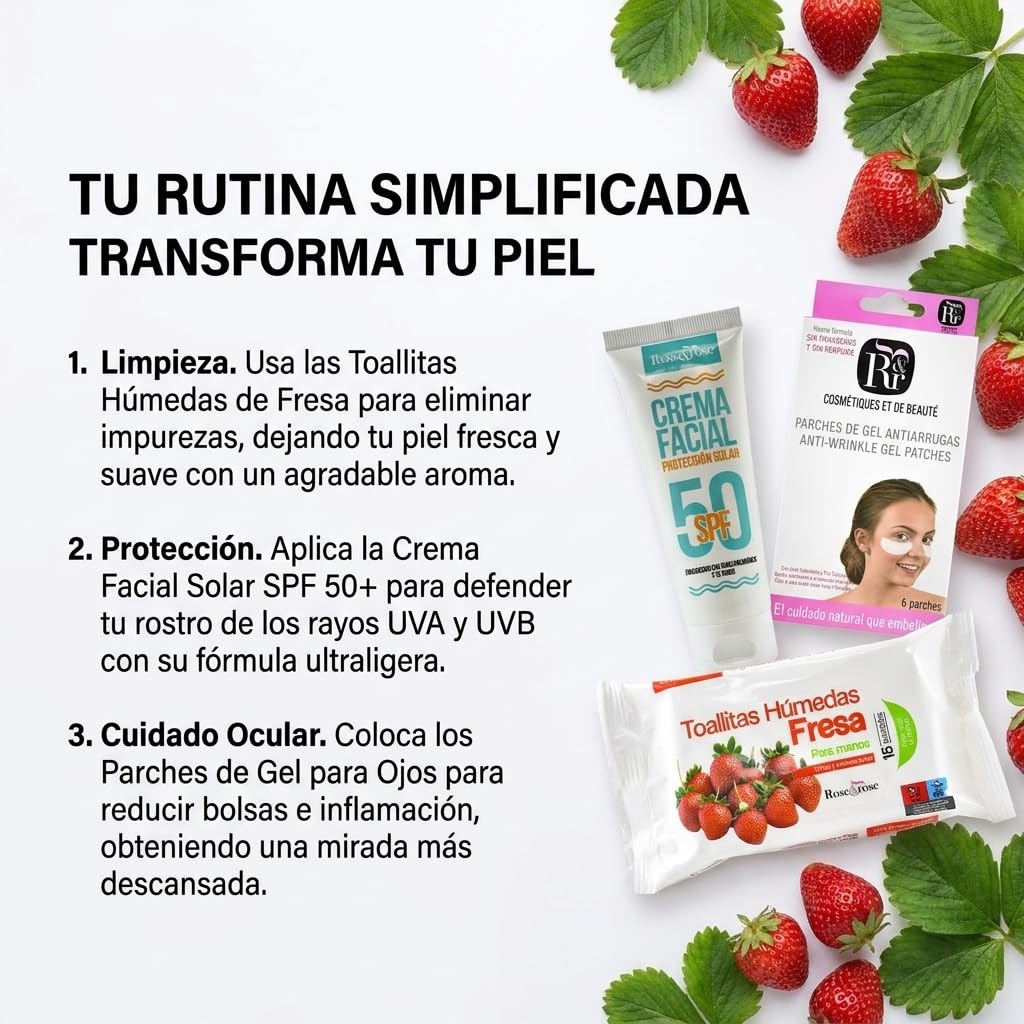 Rose & Rose Zestaw Chusteczek Truskawkowych + Solarny krem do twarzy SPF 50+ + Żelowe plastry do oczu | Czyszczenie, ochrona i świeżość promiennej skóry | Codzienna pielęgnacja twarzy
