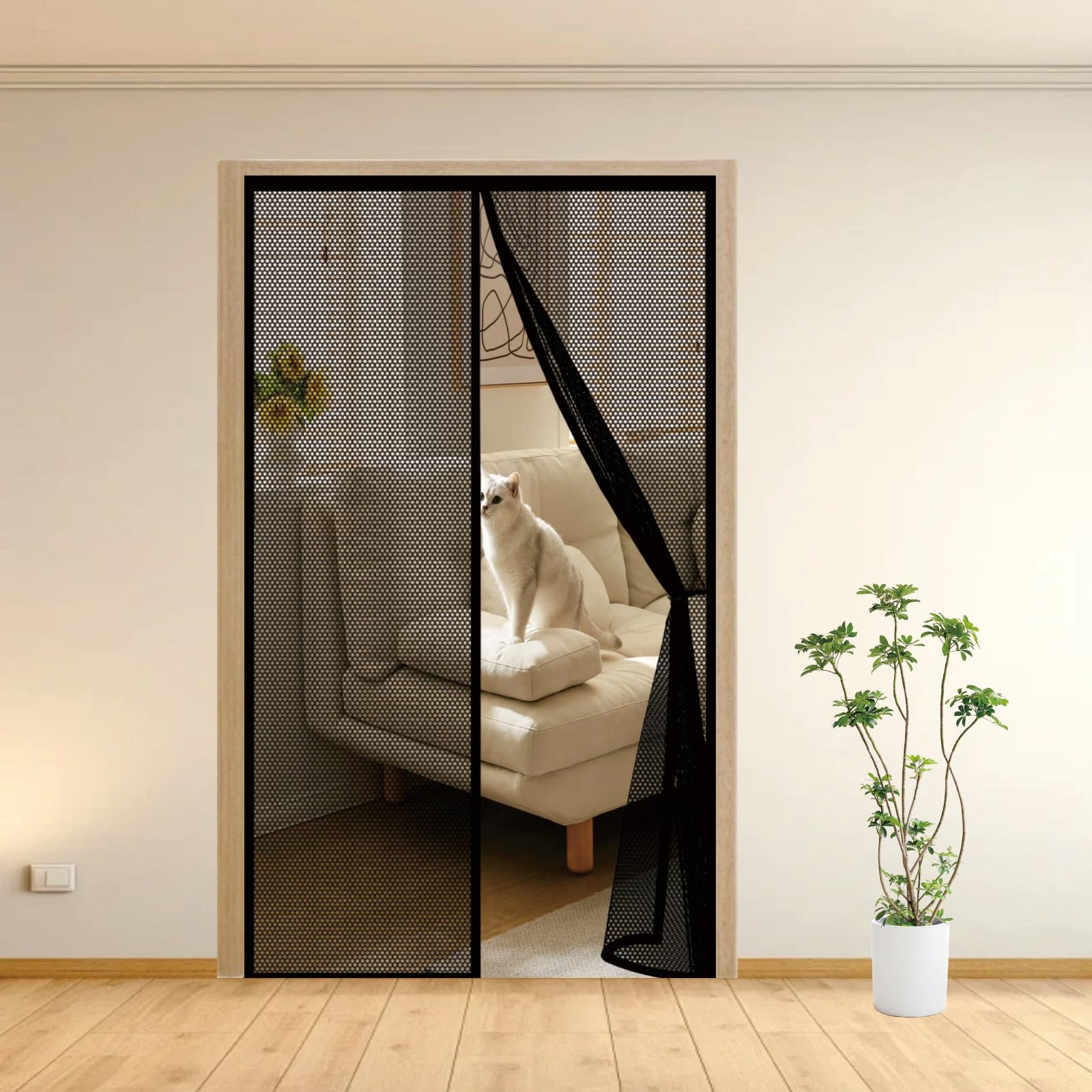 Fly Screens for Doors 93 x 212 cm with Powerful Magnets Automatically Closes and Magic Tape, Install Without, Keep Bugs Out, Patio Insect Door Screen for Balcony Door, Black
