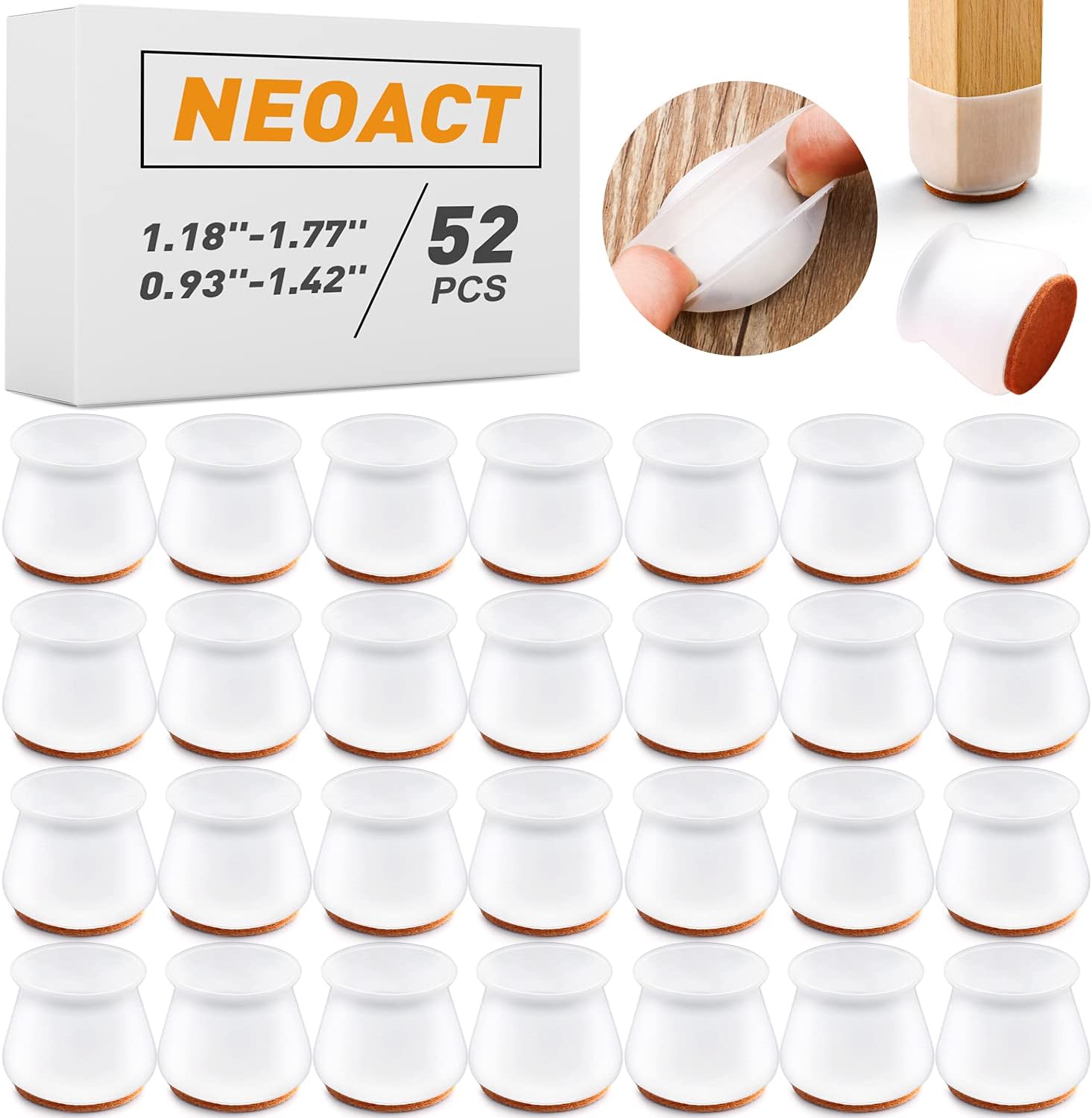52 PCS Silicone Chair Leg Protectors with Felt for Hardwood Floors, NEOACT Silicone Furniture Leg Cover Pad for Protecting Floors from Scratches and Noise, Smooth Moving for Chair Feet.