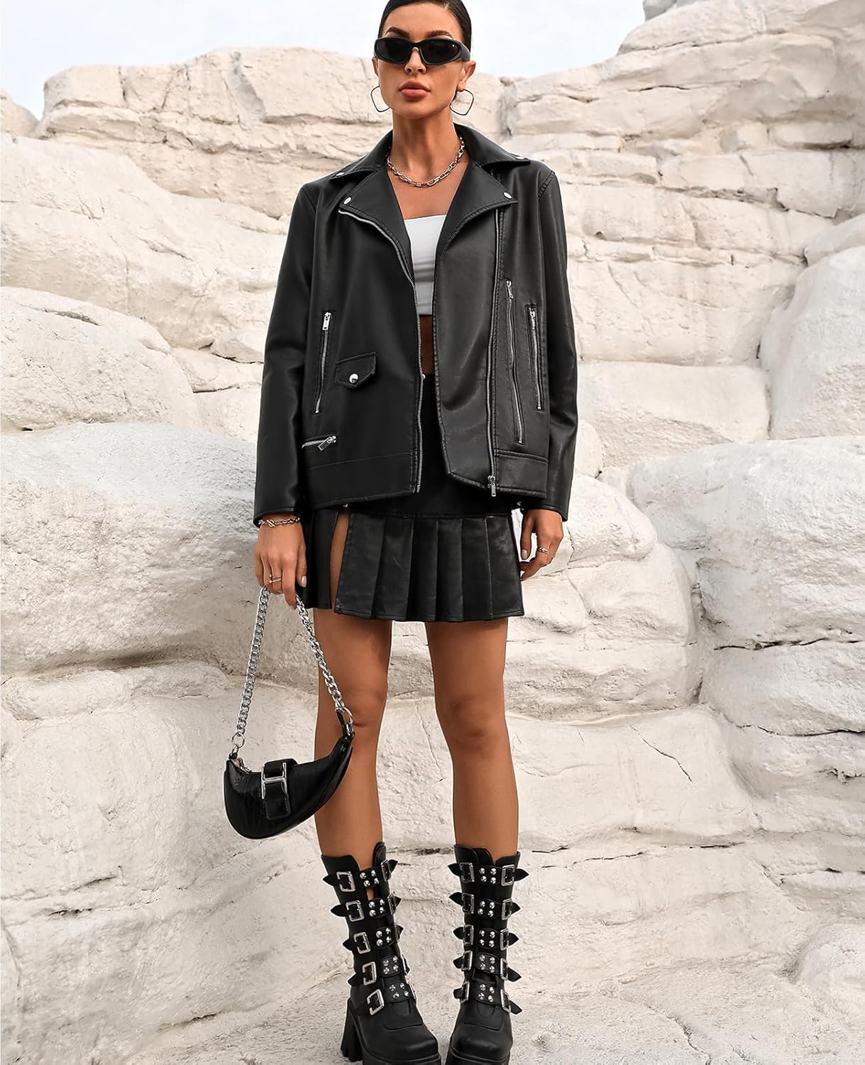 LY VAREY LIN Women Faux Leather Jacket Lapel Collar Motorcycle Zip Up Long Sleeve Motor Biker Short Coat Jacket - Image 5