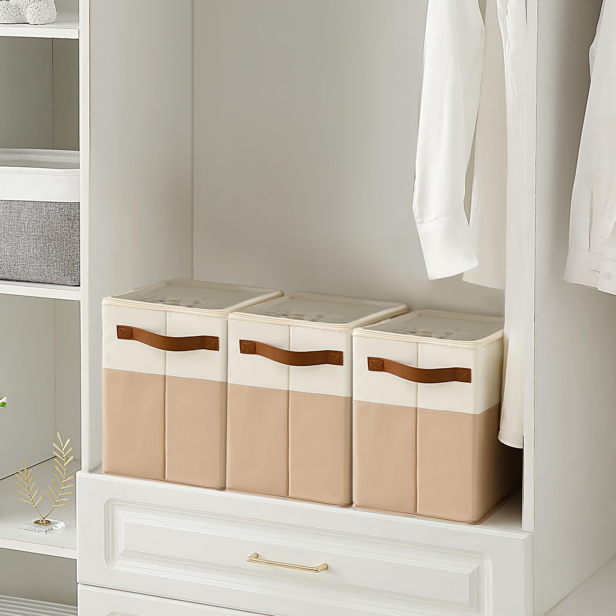 Varhomax Schuhorganizer-Box für Schrank | Stoff-Aufbewahrungsbox mit verstellbaren Trennwänden & transparenter Abdeckung (Braun-Klein-1 Packung)