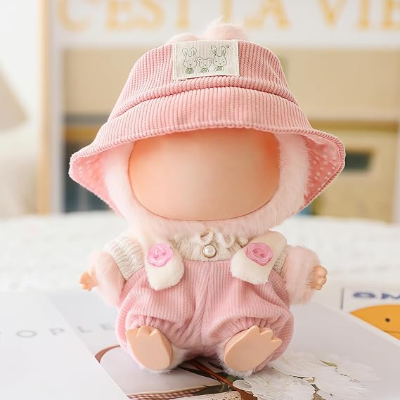 Clothes for Labubu 17cm Dolls Accessories(No Doll), Cute Outfit Set 3 Pieces Bib Pants Suitable for 17cm Doll Suit, Stylish Dress Up Overalls Doll Clothing Set Replacement with Hat Clothes Pink