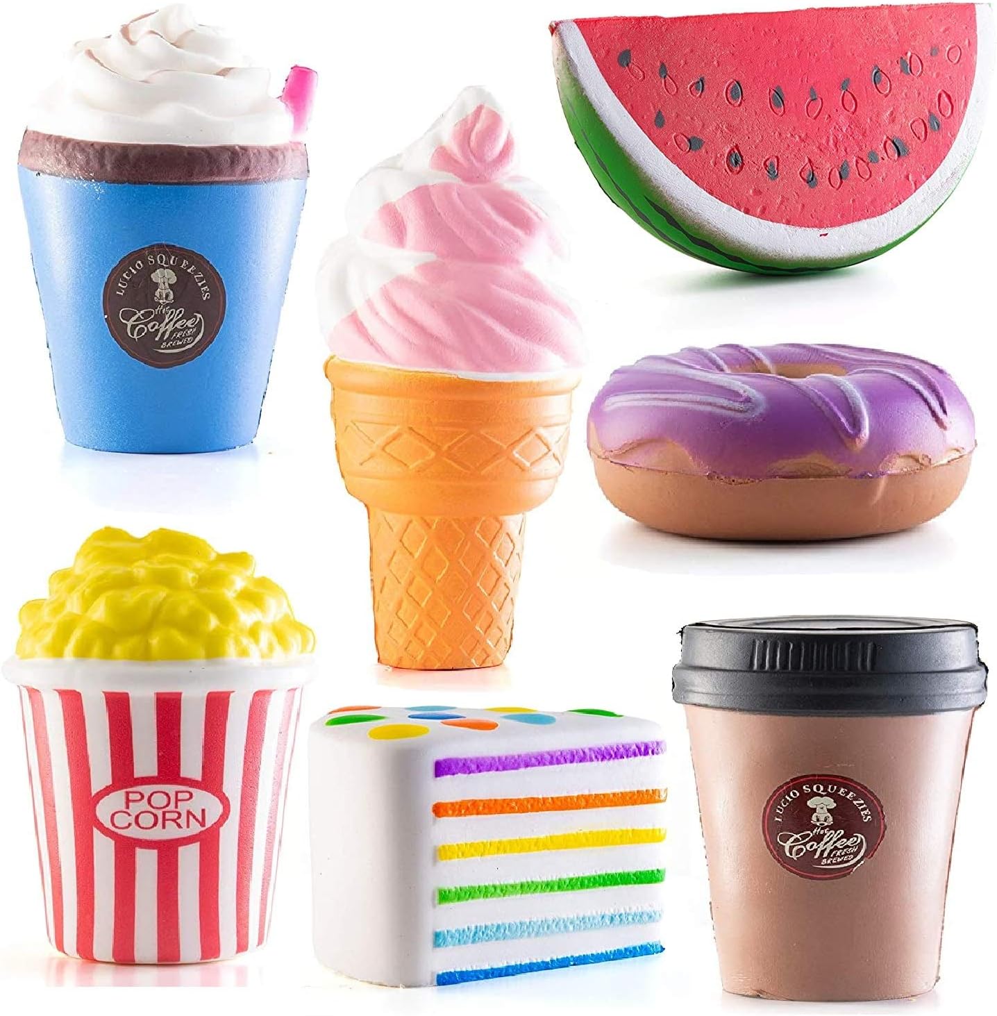Prextex Squishy Toys - Fidget Toys for Stress Relief - Jumbo Squishies - Food Squishies Jumbo Including Coffee, Cake, Popcorn, Ice Cream, Watermelon and Donut Stocking Stuffer