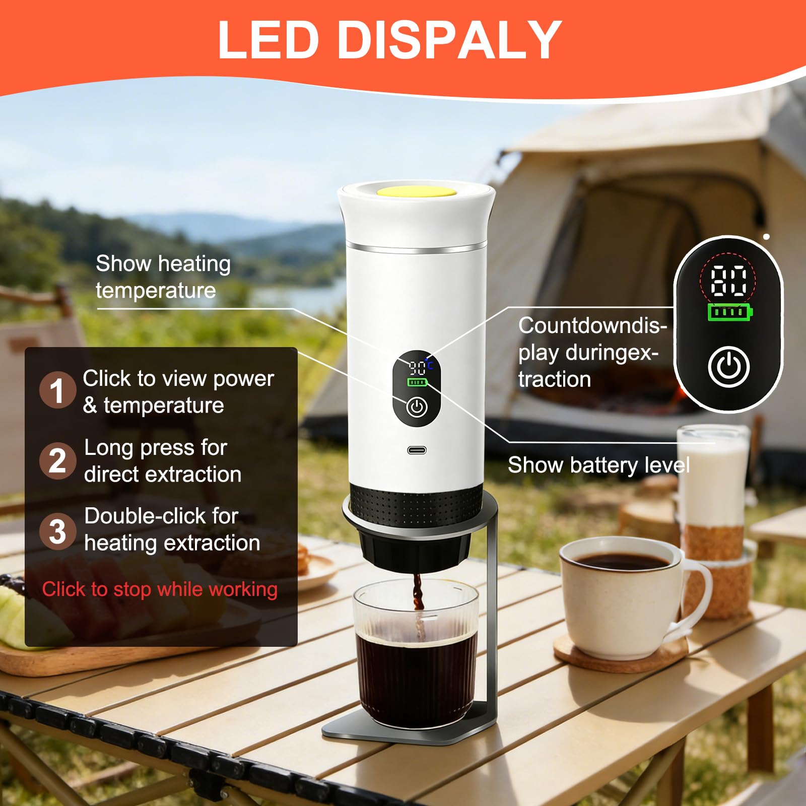Mini cafetera de viaje 3 en 1 portátil con batería, máquina de café de viaje para coche, máquina de café espresso compatible con cápsulas y café molido para senderismo, oficina, autocaravana