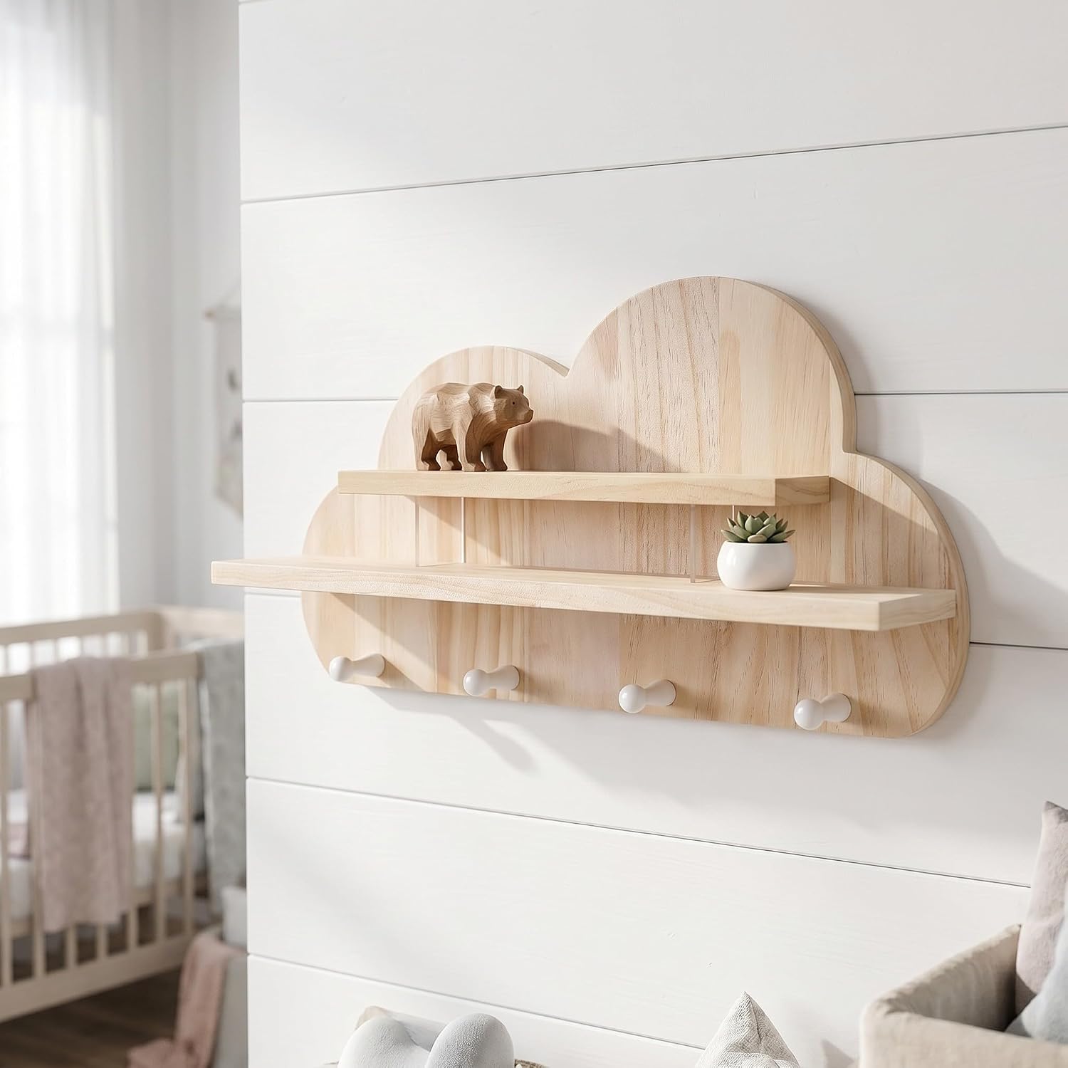 UKCOCO Wooden Cloud Floating Shelf: Wall Mounted Storage Organizer for Toys Photos - Display Shelf with 4-Hook for Nursery Room, Living Room, 16.5x8.7in