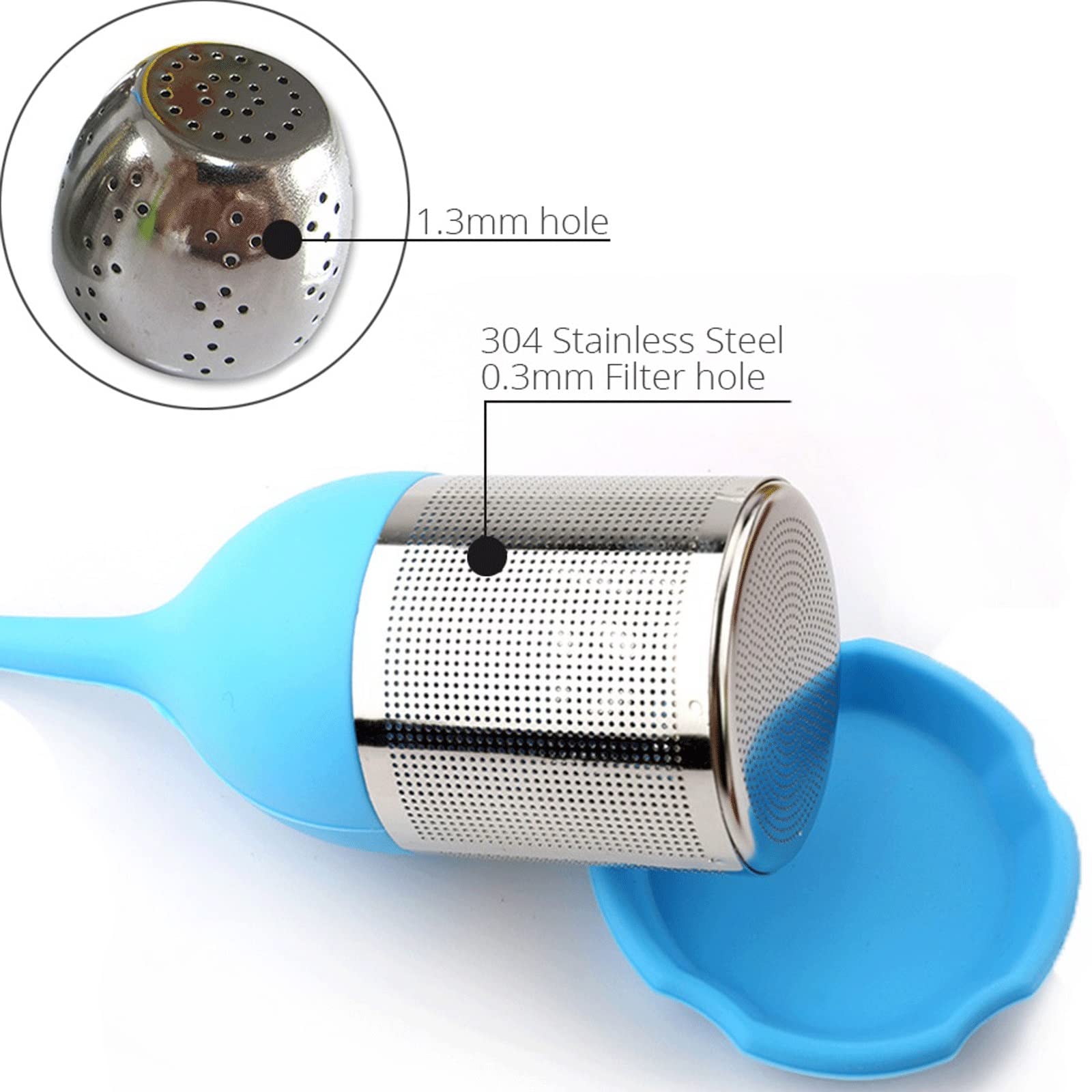 Colador de té infusor de té, filtro de té de malla fina de acero inoxidable con mango de hojas de silicona sin BPA y bandeja de goteo para todo el té de hojas sueltas (azul)