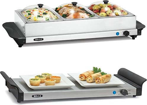 BELLA 4.5 Quart Triple Electric Buffet Server, Food Warming Tray & Slow Cooker - Brushed Stainless Steel Heated Serving Stati