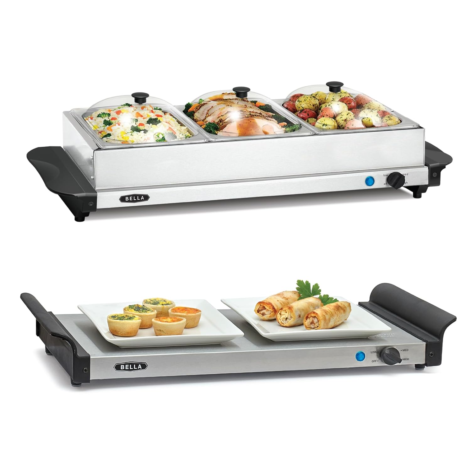 BELLA 4 5 Quart Triple Electric Buffet Server Food Warming Tray Slow Cooker - Brushed Stainless Steel Heated