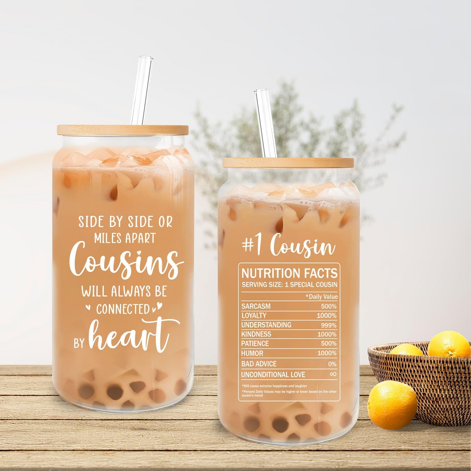 Cousin Gifts for Women - Female Cousin Christmas, Mothers Day, Birthday Gifts from Cousins - 16 oz Glass Cup with Lid and Straw