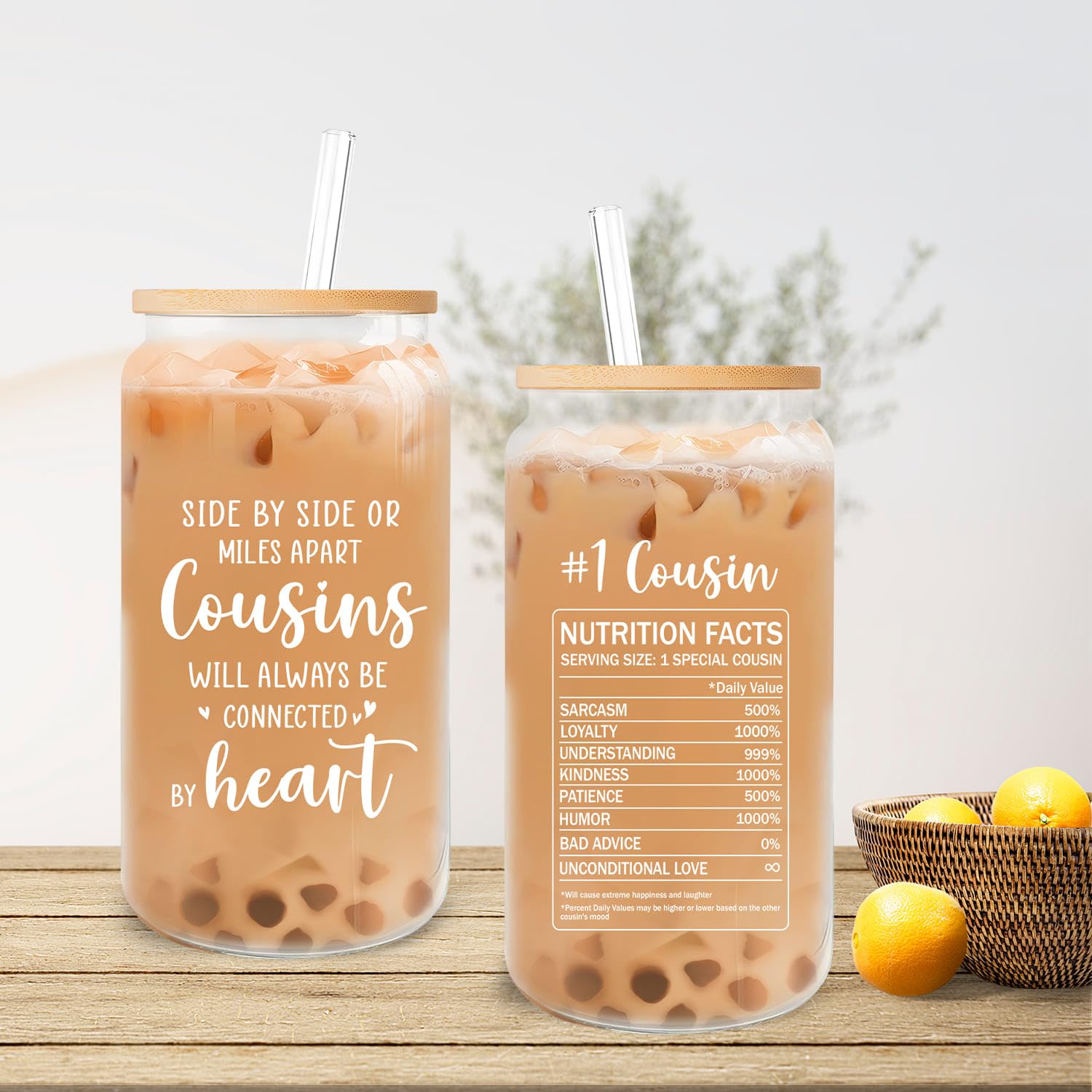 Cousin Gifts for Women - Female Cousin Christmas, Mothers Day, Birthday Gifts from Cousins - 16 oz Glass Cup with Lid and Straw