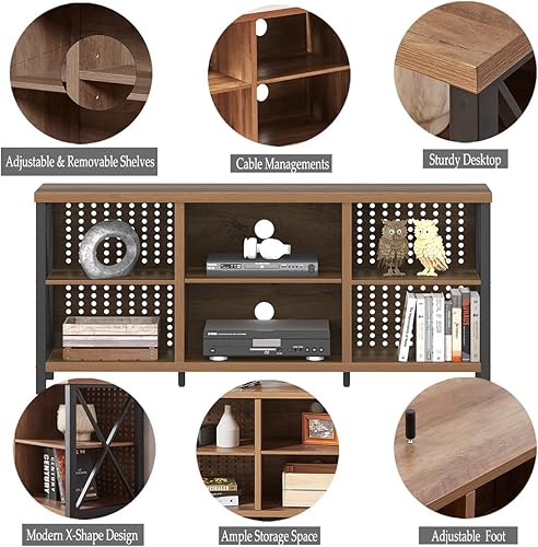 Miniatura 4 de LVB Centro de entretenimiento rústico para TV de 65 pulgadas, soporte de TV industrial de madera y metal con estante de almacenamiento, mesa consola