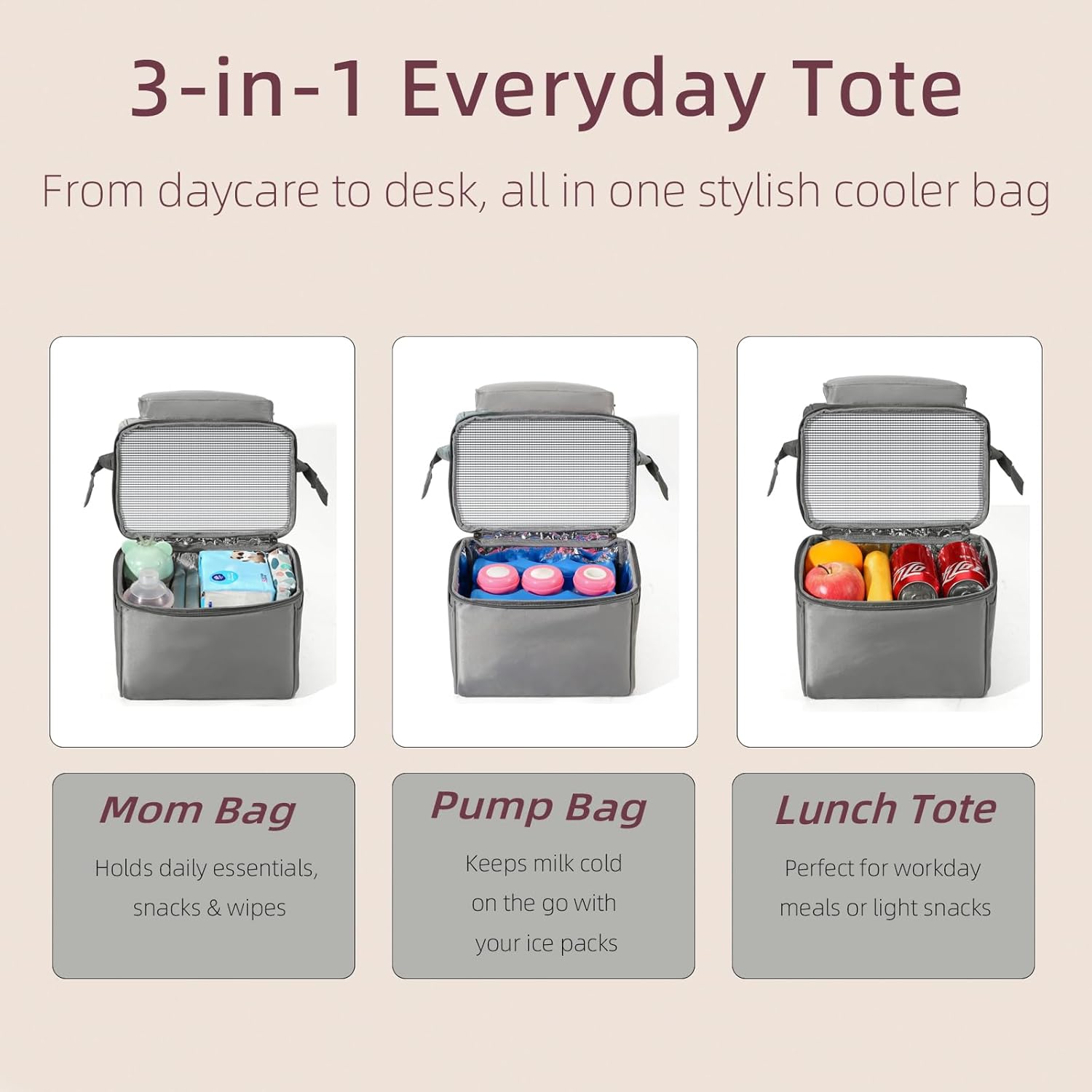 Insulated Bottle Cooler Bag, Holds 6×9oz, 18L Large 2-n-1 Backpack Lunch Bag for Nursing, Work, Daycare (Gray) - Image 4
