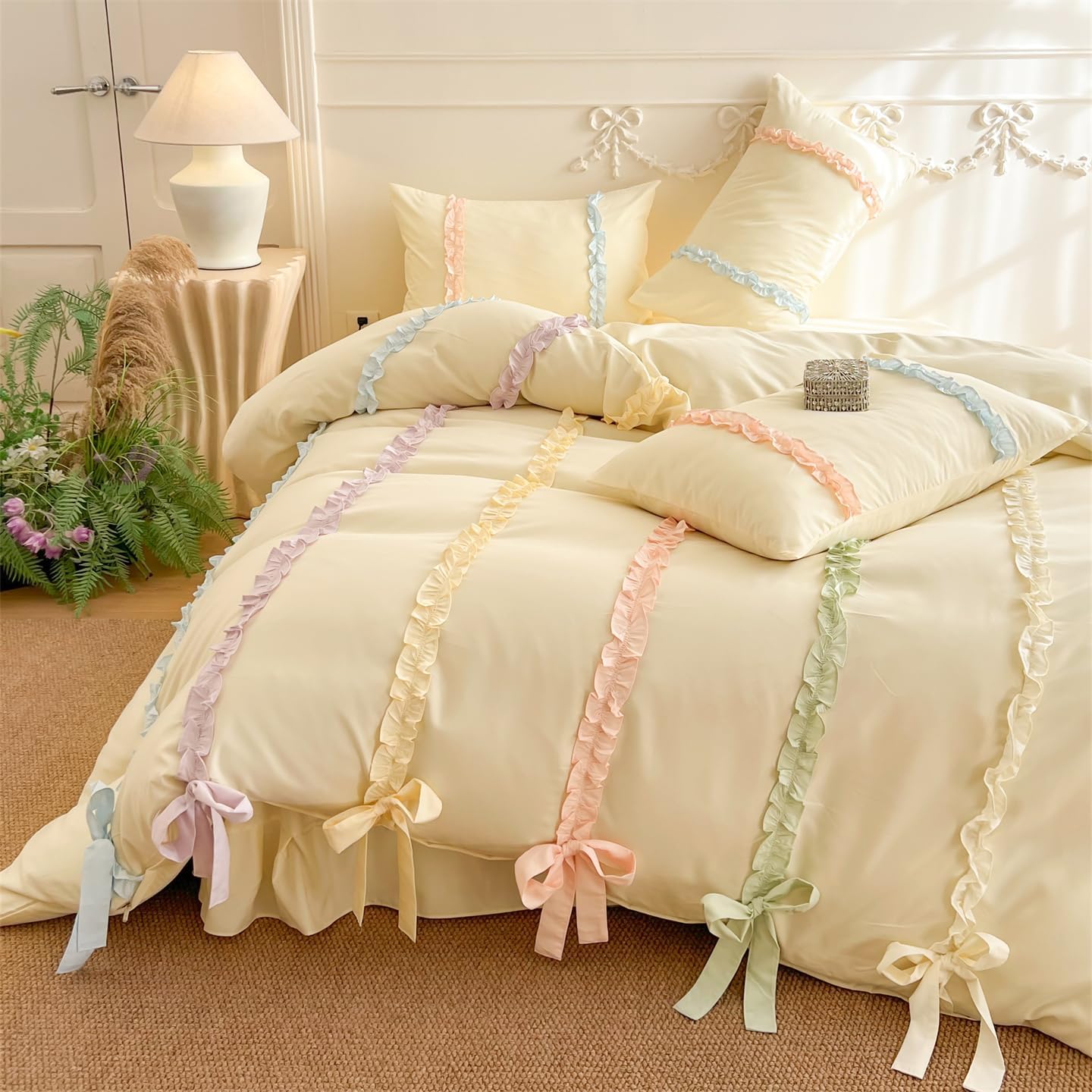 Rainbow Ruffles Bedding Set with Bow,Colorful Striped Duvet Cover, Cute Princess Style 2 PCS Duvet Cover Set-1 Duvet Cover and 1 Pillowcases for Girls Teens Bedroom,No Comforter