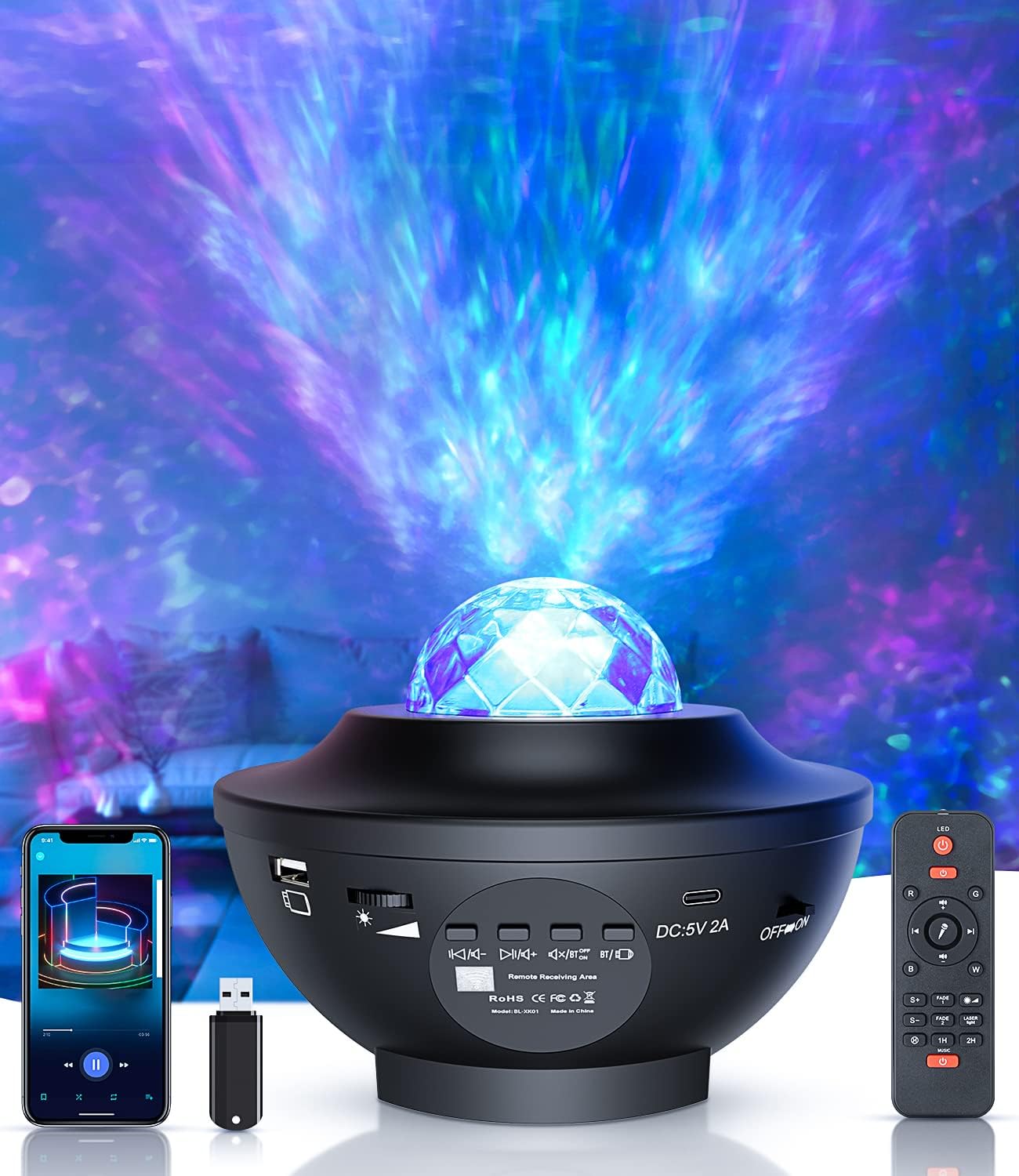 Galaxy Projector Star Projector, Rotating Water Wave Projector Lamp, Music Speaker, Remote Control Night Light, Party, Kids and Adult Room Decorative Lights, Holiday Gifts.