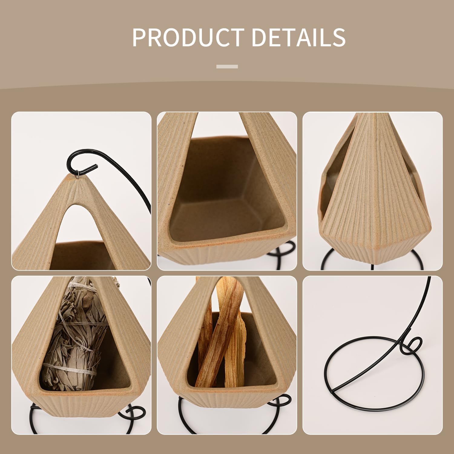 Palo Santo Holder, Modern Hanging Basket Palo Santo Burner, Handmade Ceramic Iron Frame Smudge Bowl for Sage, Cones, Candles, Ash Catcher for Meditation, Yoga, Spa, Home Decor (Triangular)