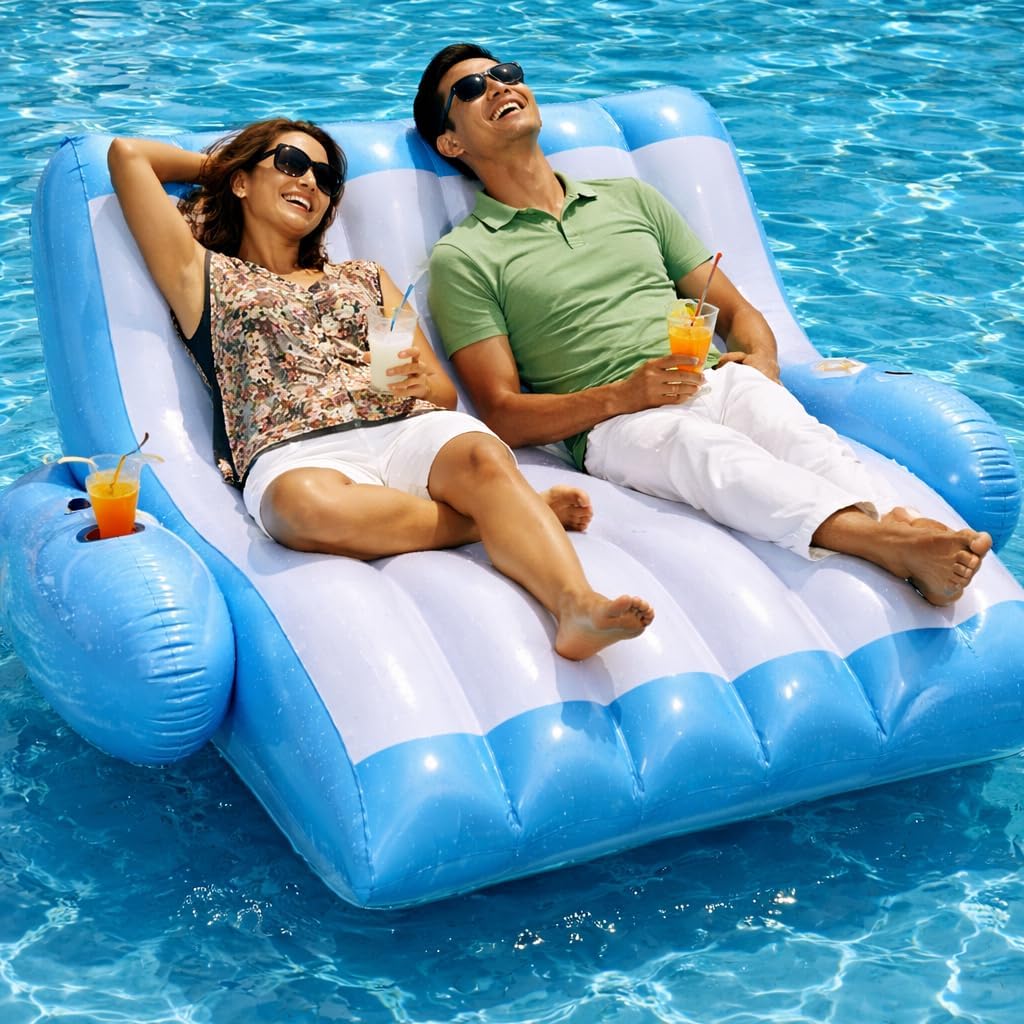 4E's Novelty Two Person Inflatable Pool Recliner Adult Pool Lounger Float with Cup Holder - Heavy Duty Lounger for Adults Floating Recliner Blow Up Floaties Water Floaty Lake Beach Tanning Float