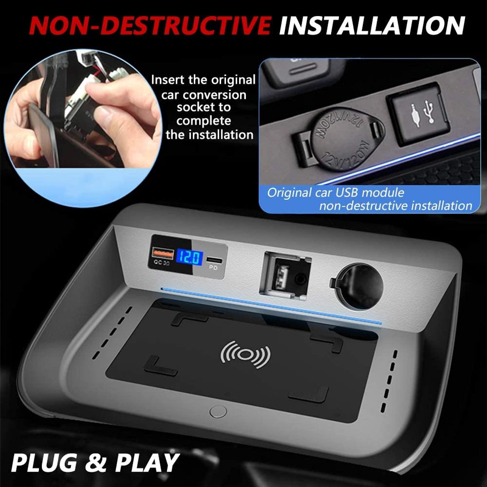 Cargador de coche inalámbrico para panel de consola central toyota RAV4 2020 2021, soporte para teléfono de carga rápida de 15 W con almohadilla de carga inalámbrica USB QC3.0 y PD, unidad derech