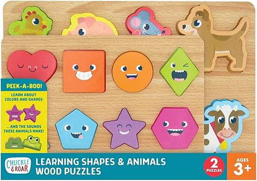 Chuckle & Roar - Rompecabezas de madera con formas y animales, paquete de 2 - Rompecabezas preescolar para niños pequeños a partir de 3 años - Juego