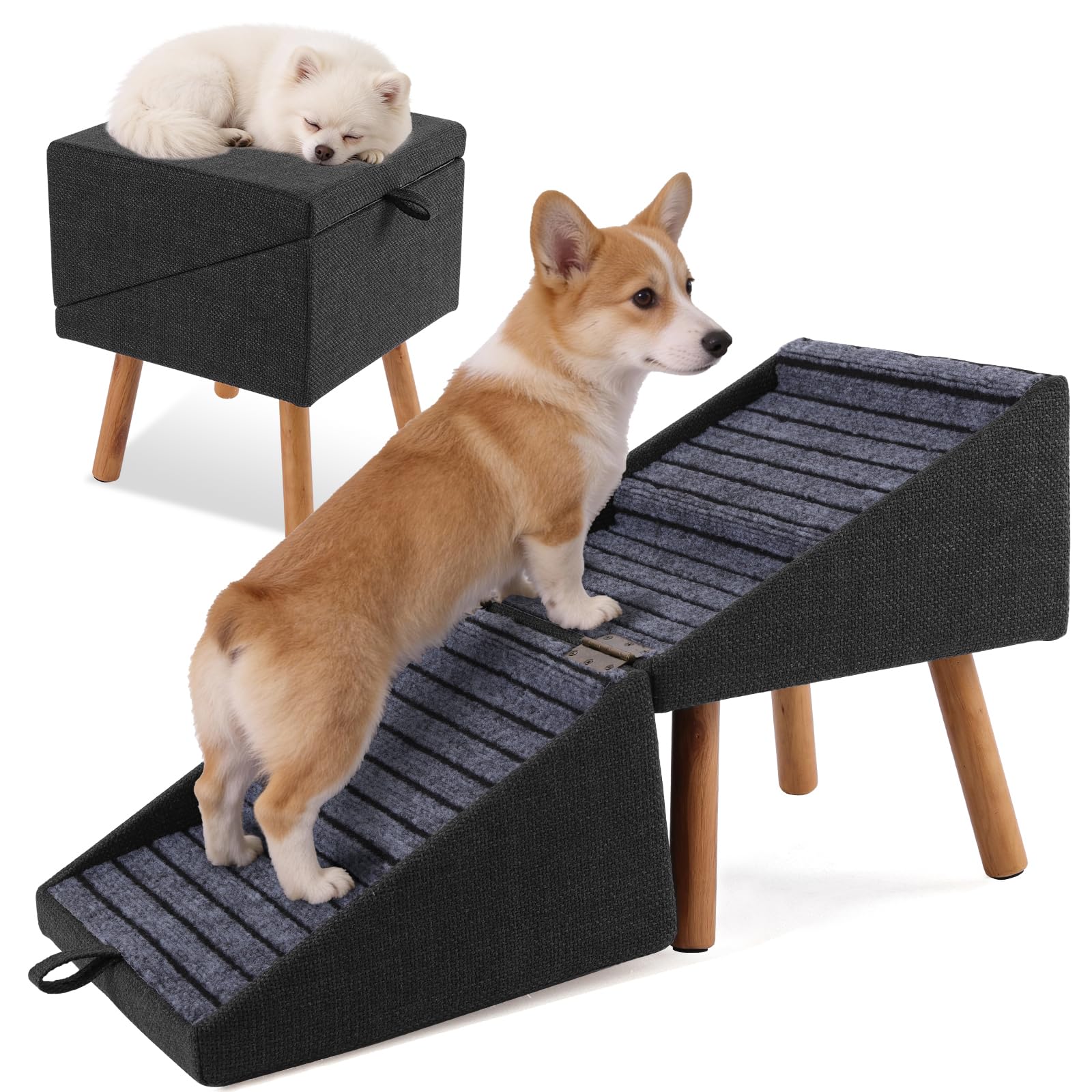 Scala per cani di piccola taglia, scala a pioli 2 in 1 e pouf – Scala pieghevole per cani per il divano, scala in legno antiscivolo per cuccioli, cani anziani e feriti (nero)