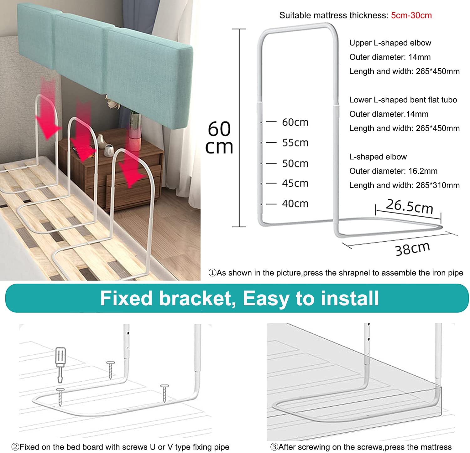 Valla De Cama con Riel Lateral De Seguridad, Barandilla De Cama para Niños, Protector De Protección De Seguridad Portátil, Barandilla De Cama Anticaída, Barrera De Valla De Deflector De Cabe