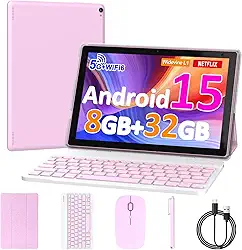 Tablet Android 15 de 10 polegadas, 8 GB de RAM, 32 GB ROM, CPU quad-core potente, tela de resolução de 1280 x 800, câmera de 8 MP, bateria de 6000 mAh, tablets 2 em 1 com teclado, capa, mouse, laptop