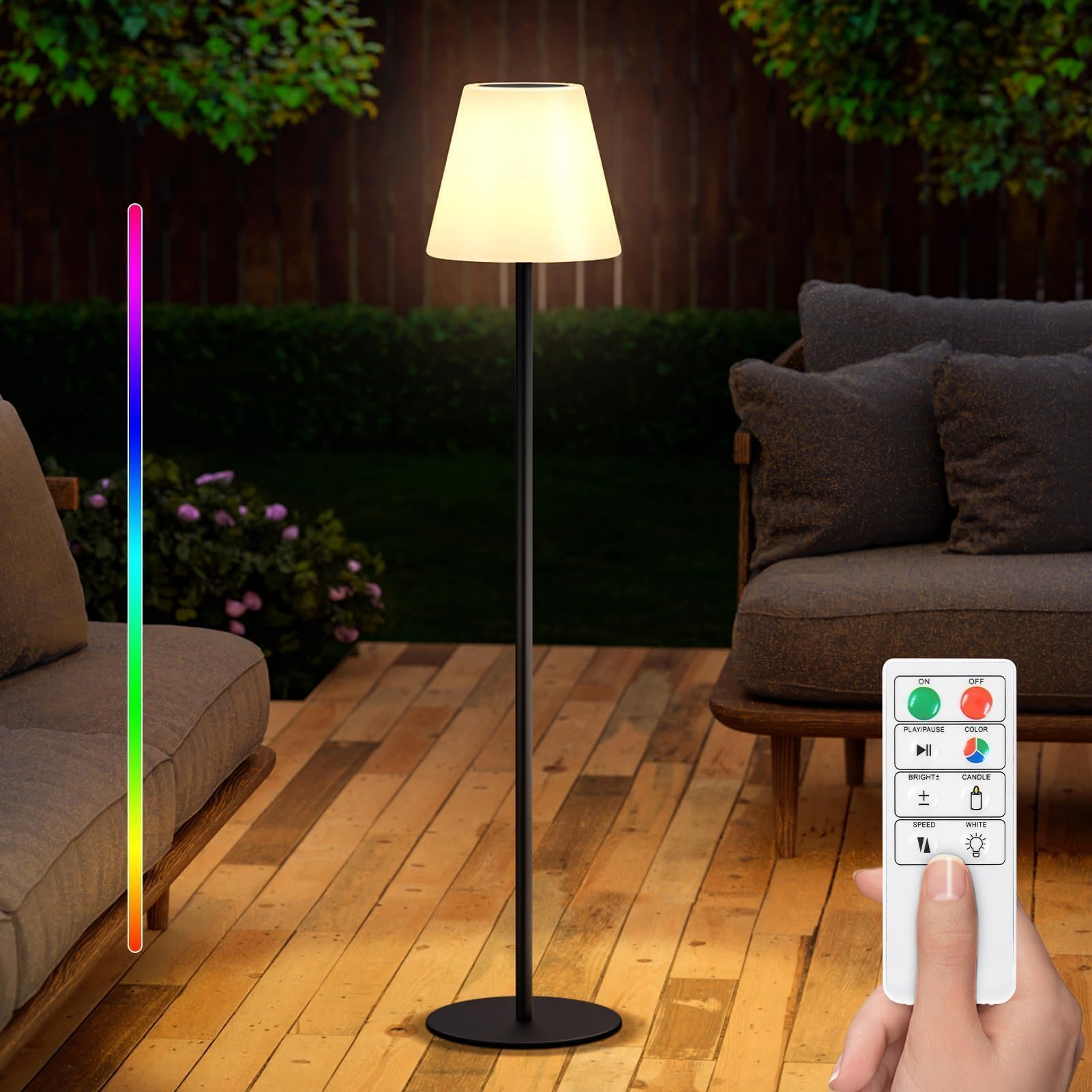 Lámpara solar de pie para exteriores, recargable por USB, inalámbrica, regulable, RGB de color blanco cálido, luces LED para patio, jardín, patio
