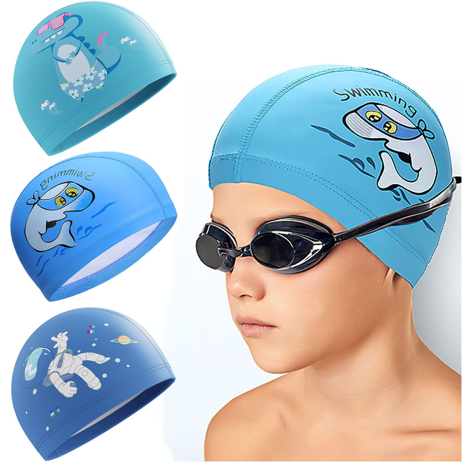 CULEO - Lot De 2 Bonnets De Bain Enfants Motifs Requin & Dinosaure | Polyester, Confortable, élastique - 6