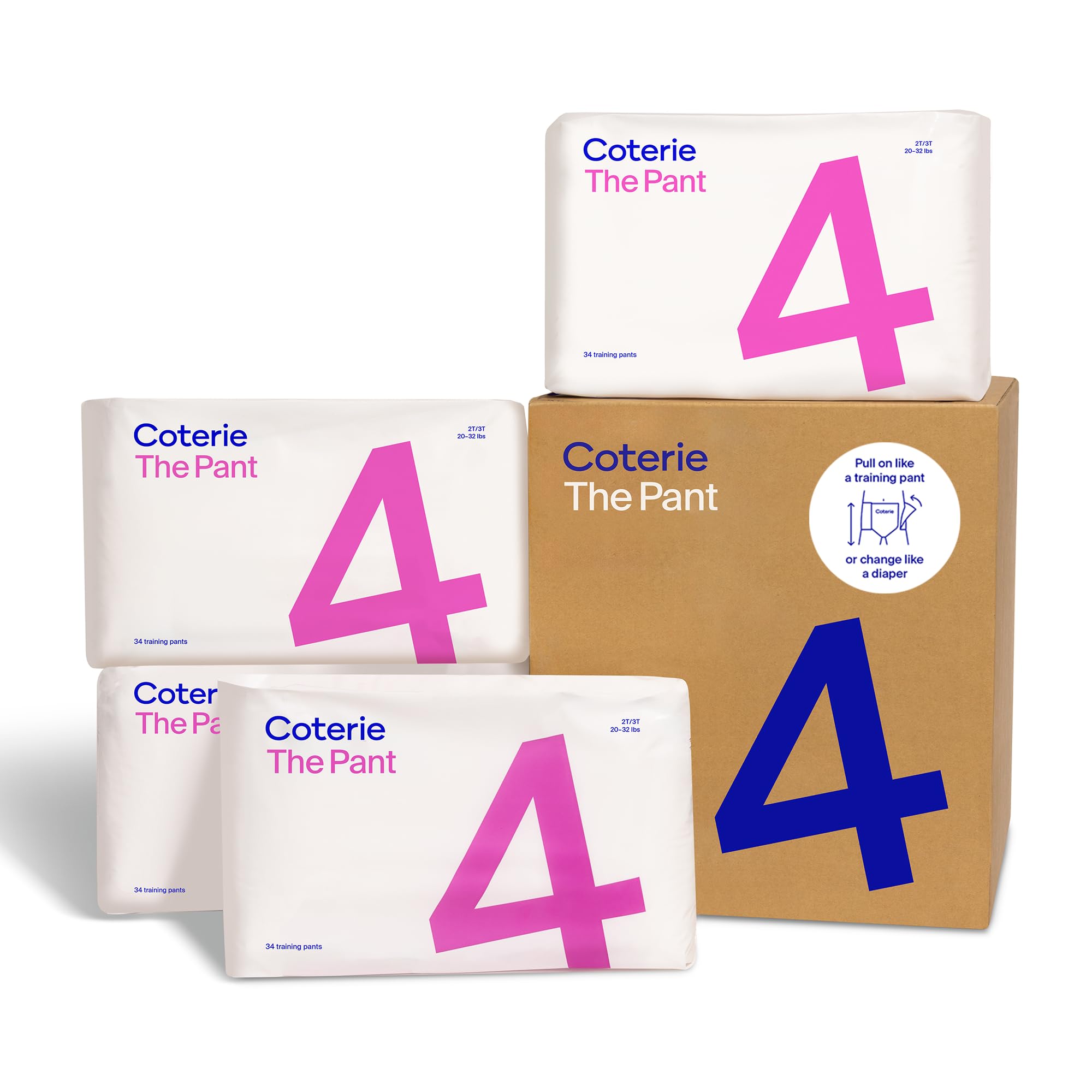 Coterie The Pant, Size 4, Refastenable Training Pants for Sensitive Skin, Hypoallergenic, Super Absorbent Overnight Leak Protection, 2T/3T (20-32 lbs)