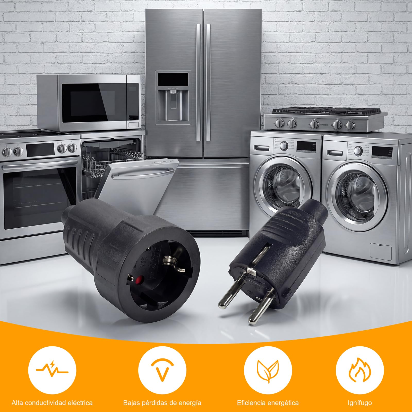 Kit de 3 Enchufes Schuko 250V IP44 – Clavija Enchufe Macho y Hembra con Alivio de Tensión para Interior y Exterior, 16A | 2 polos | Carcasa de Goma (Negro)