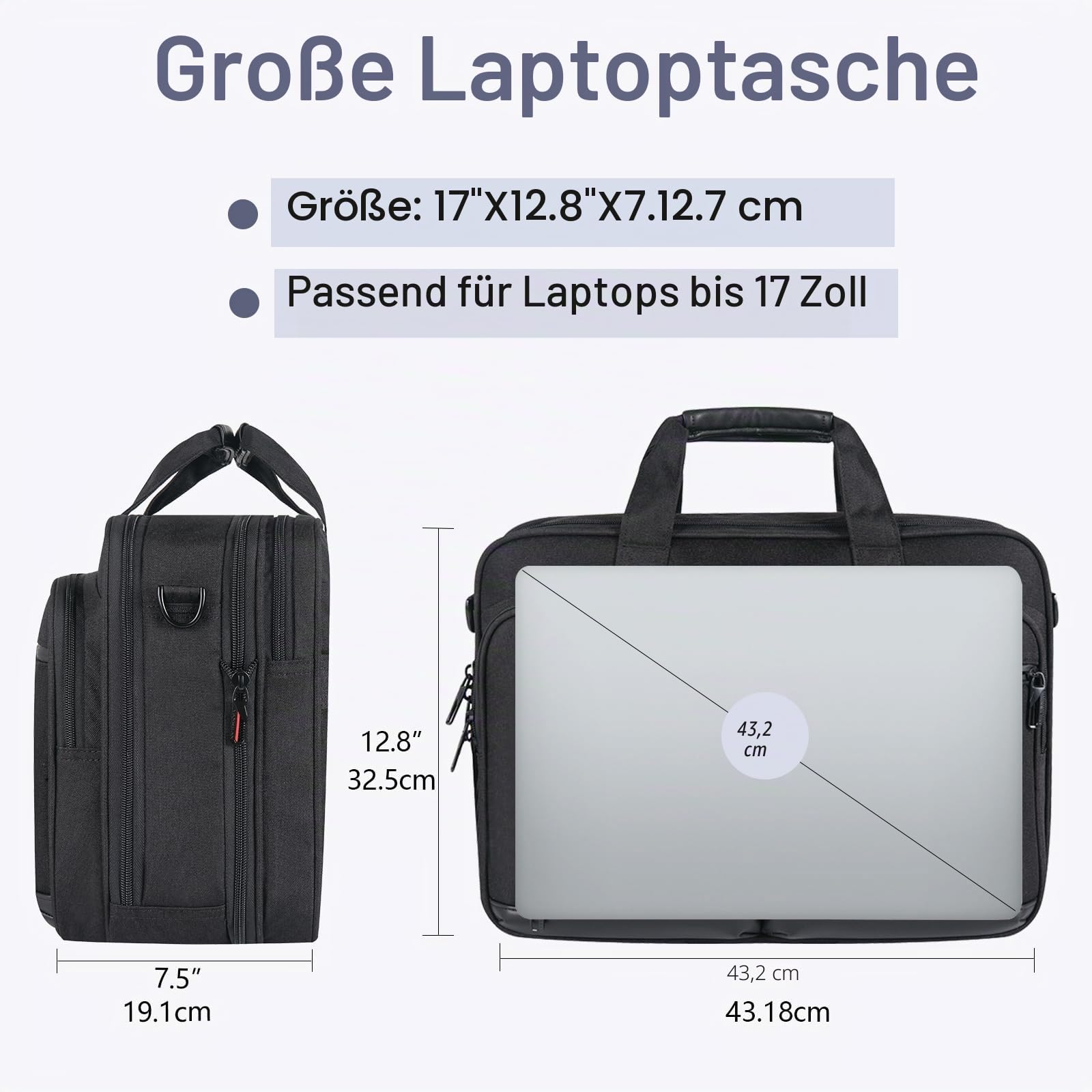 VANKEAN Laptoptasche Damen Herren Business Aktentasche 17.3 Zoll, Passend für bis zu Laptops, Wasserdichte Laptop Tasche Computertasche für Reisen/Business/Schule, Schwarz