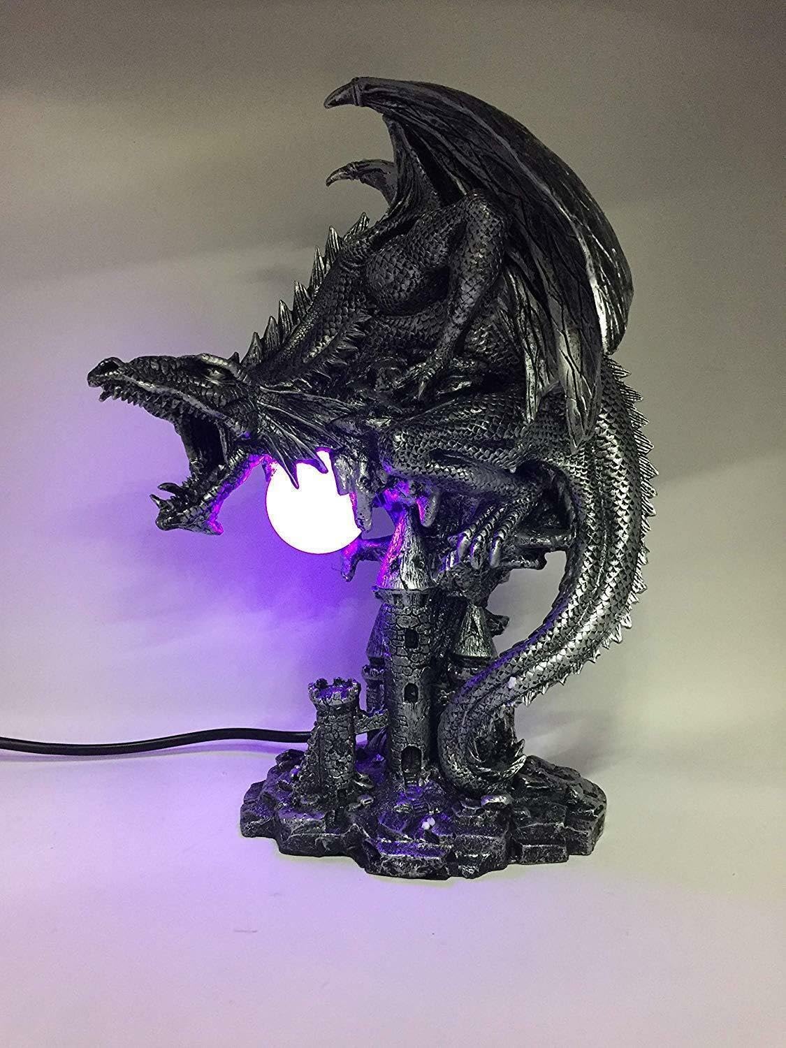 Silver Dragon Light Lamp Ornament Fantasy Dragons Art Sculpture Statue Ornament USB Powered