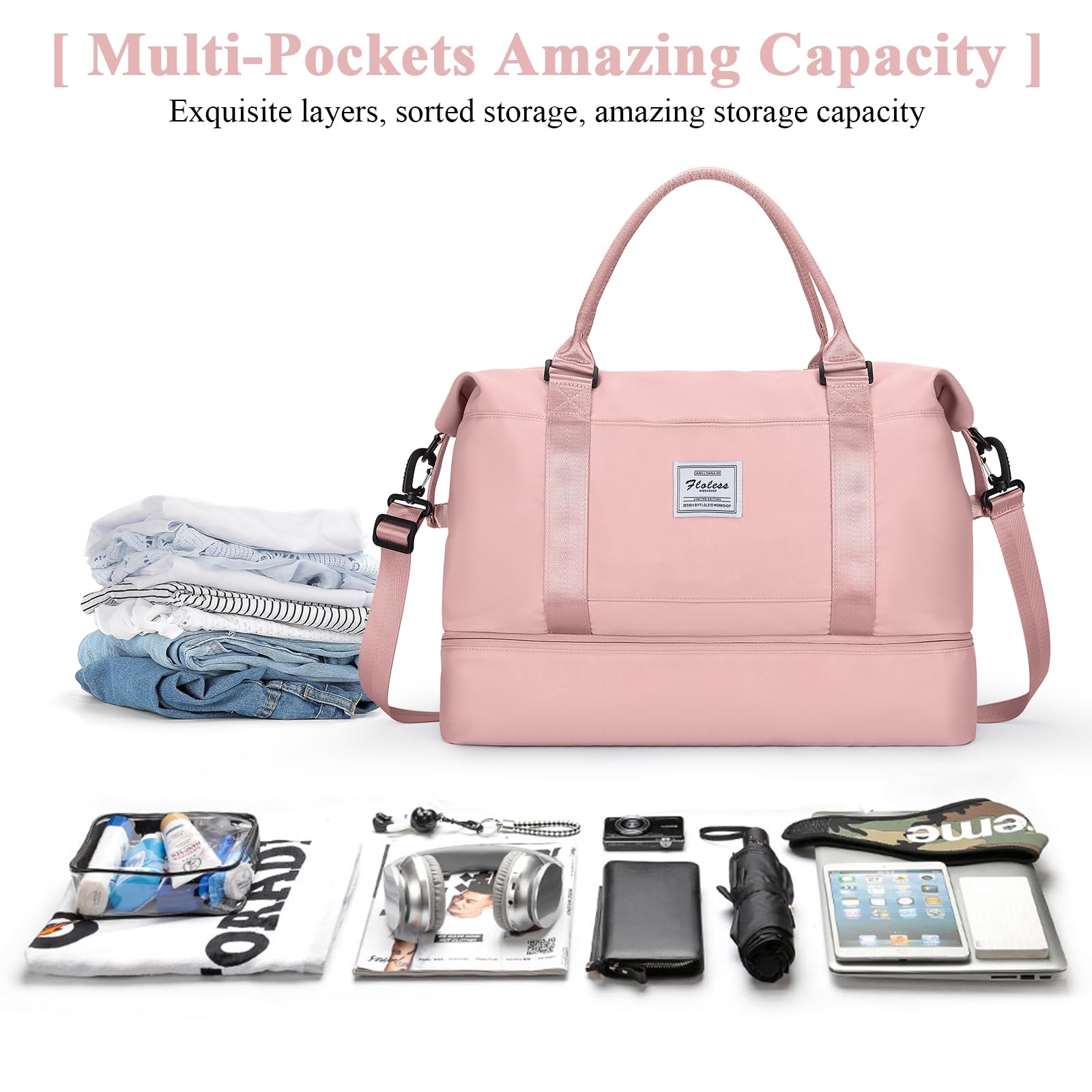 Borsone da Viaggio Donna, Bagaglio a Mano Borsa da Viaggio con Scomparto per le Scarpe, Borsa Sportiva Borsone da Palestra Grande, Borsa da Weekend, Borsa per Ospedale,A3 rosa