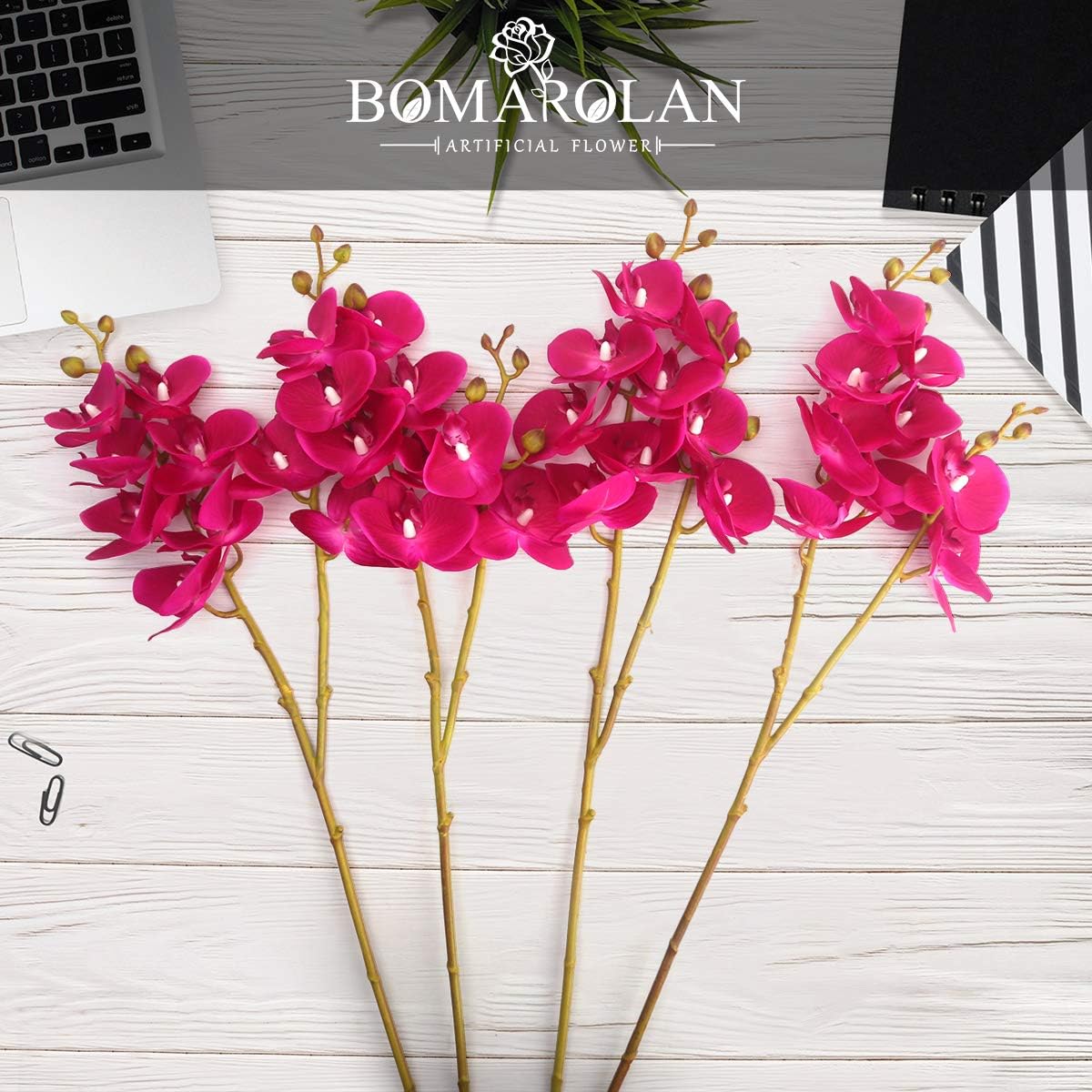 BOMAROLAN Artificial Flowers Faux Butterfly Orchid 4 Pcs Real Touch Double Branch Silk Flowers (No Vase) for Wedding Home Party Hotel Yard Decoration Restaurant Patio Festive Furnishing (Fuchsia)