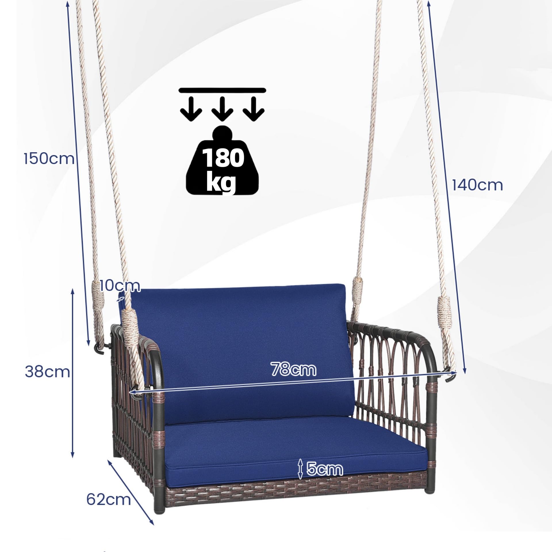 LIFEZEAL 1-osobowa huśtawka ogrodowa z poduszką i podłokietnikami, huśtawka wisząca, metalowa rama i rattan PE, 2 liny do zawieszenia, obciążenie 180 kg (78 x 62 x 38 cm)