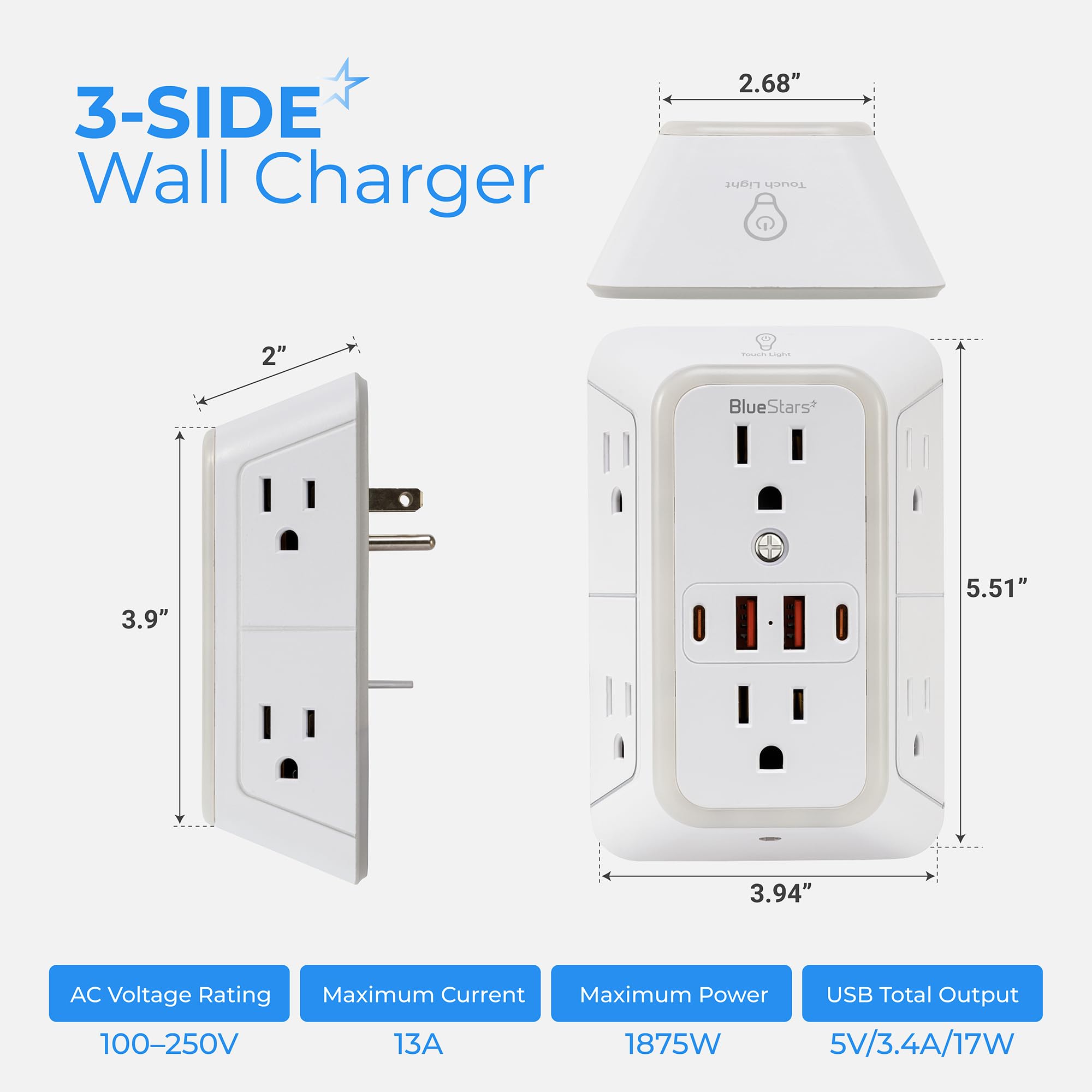 Cargador de pared USB con protector de sobretensiones de enchufe múltiple con 4 puertos USB y luz nocturna tira de alimentación de 3 lados con adaptador de tomas espaciadas