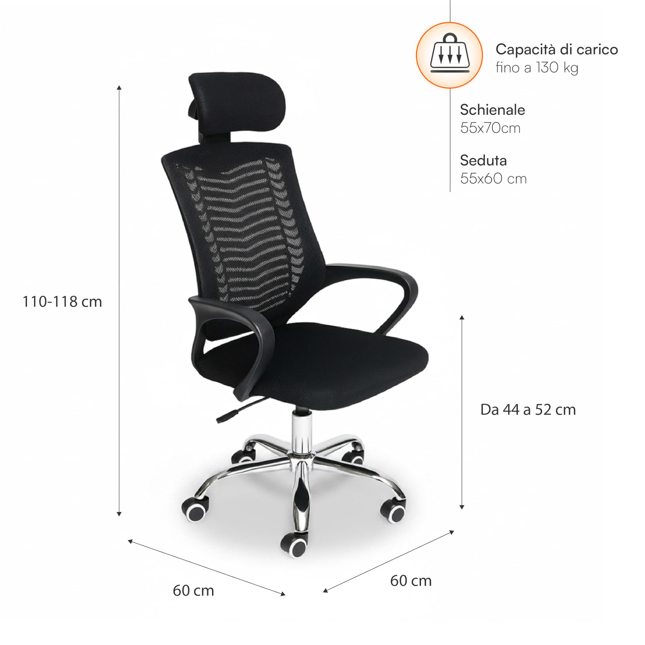 Baroni Home Sedia da Ufficio Ergonomica con Schienale Alto, Braccioli e Altezza Regolabile, Poggiatesta, Poltrona da Scrivania Girevole 360°, Seduta per Studio e Ufficio
