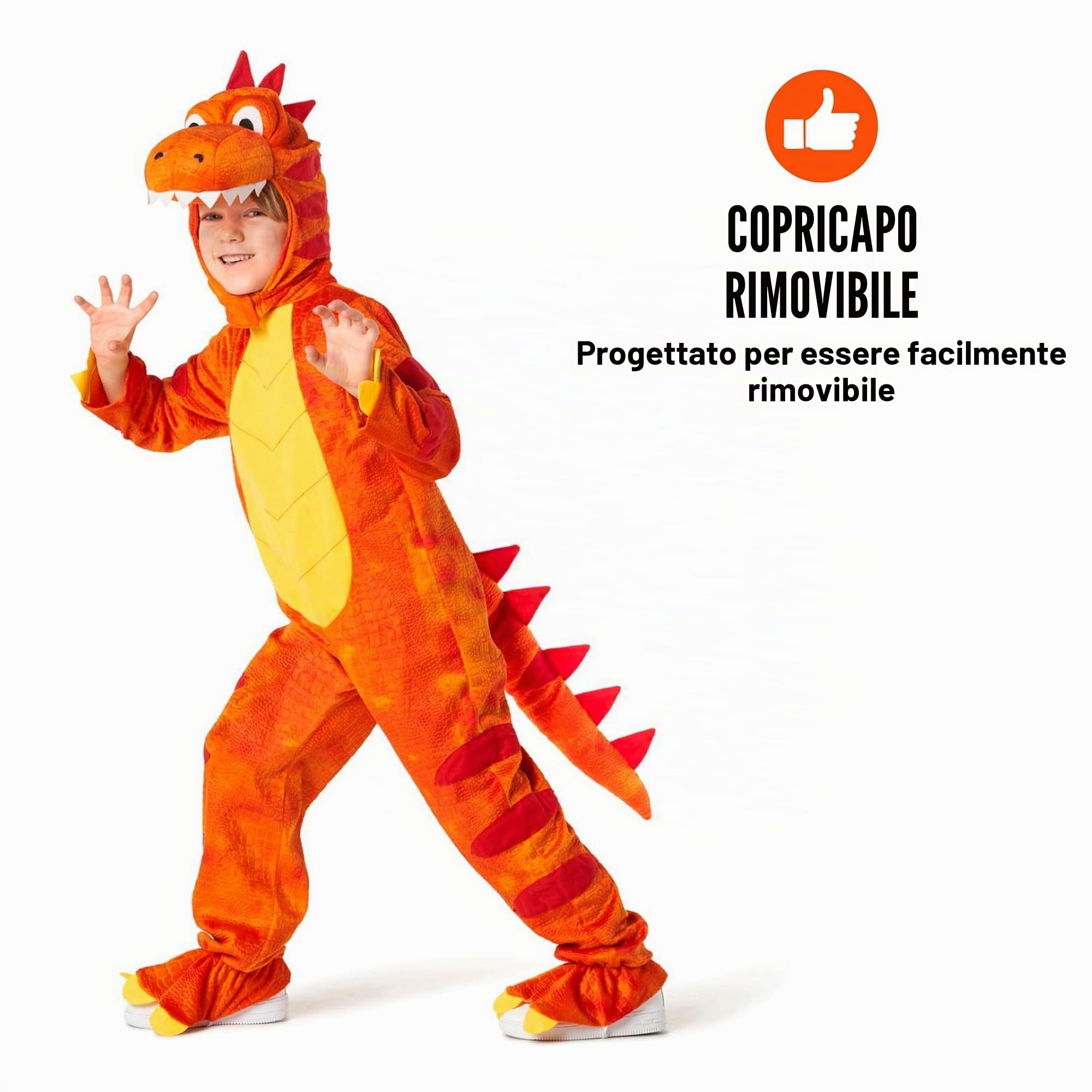 Morph Dinosauro Costume Bambino, Vestito Dinosauro Bambino | Tuta con Coda & Copricapo, Velluto Arancione Goffrato, Da Infilare, Perfetto per Halloween, Ideale per il Gioco di Ruolo